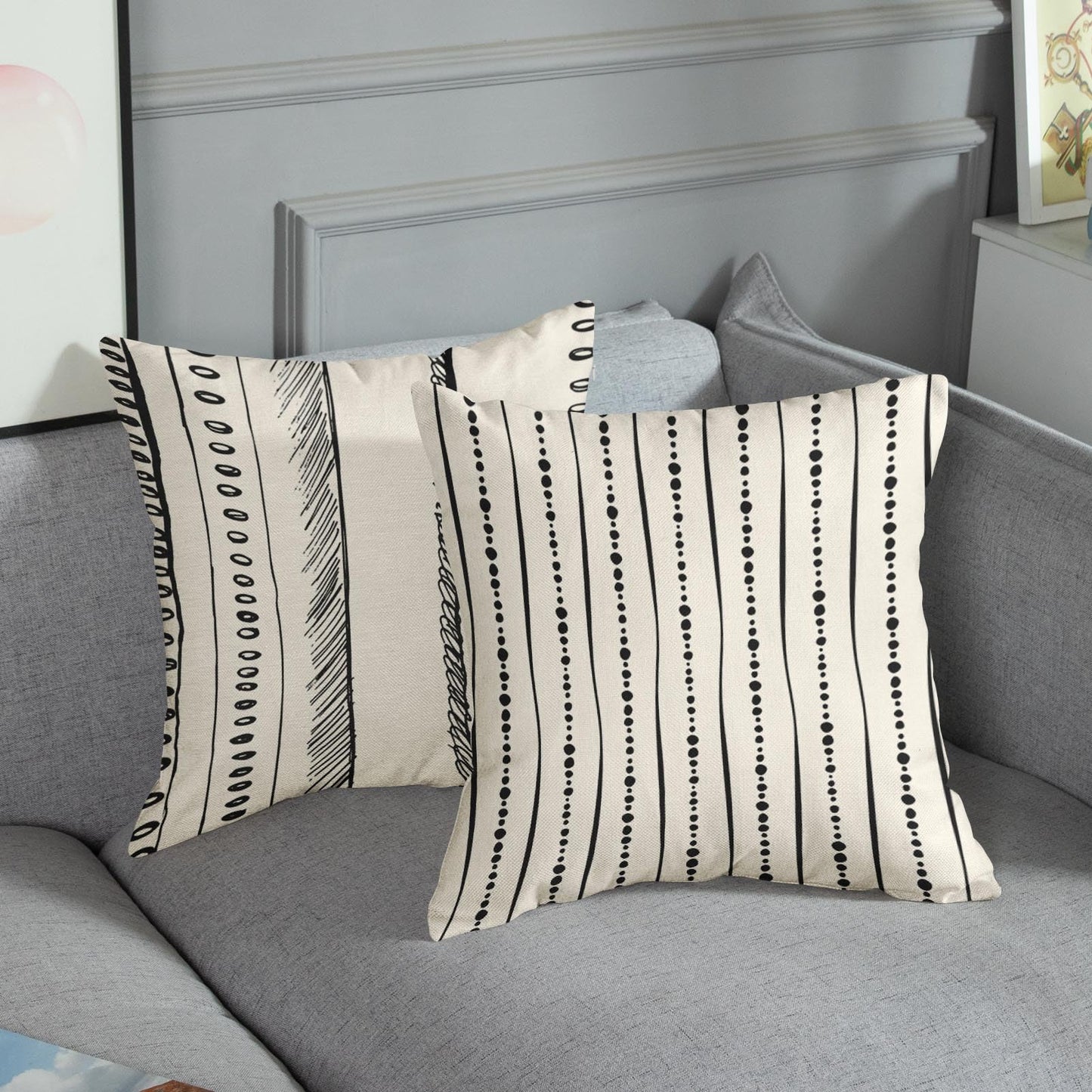 ArtSocket Set of 4 Throw Pillow Covers Pattern Black and White Boho Bohemian Geometric Dots Lines of Borders Decor Linen Outdoor Pillow Cases Home Decorative Square 18x18 Inches Pillowcases