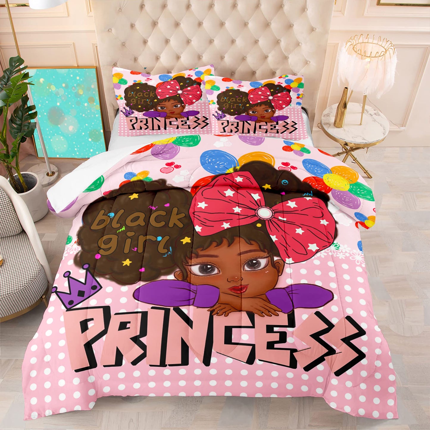 Jiospet Black Girl Full Size Comforter Sets for Girls, African Full Girls Room Cute Full Set Pink Princess Full Bedding Set, Full (1 2 Pillowcases)