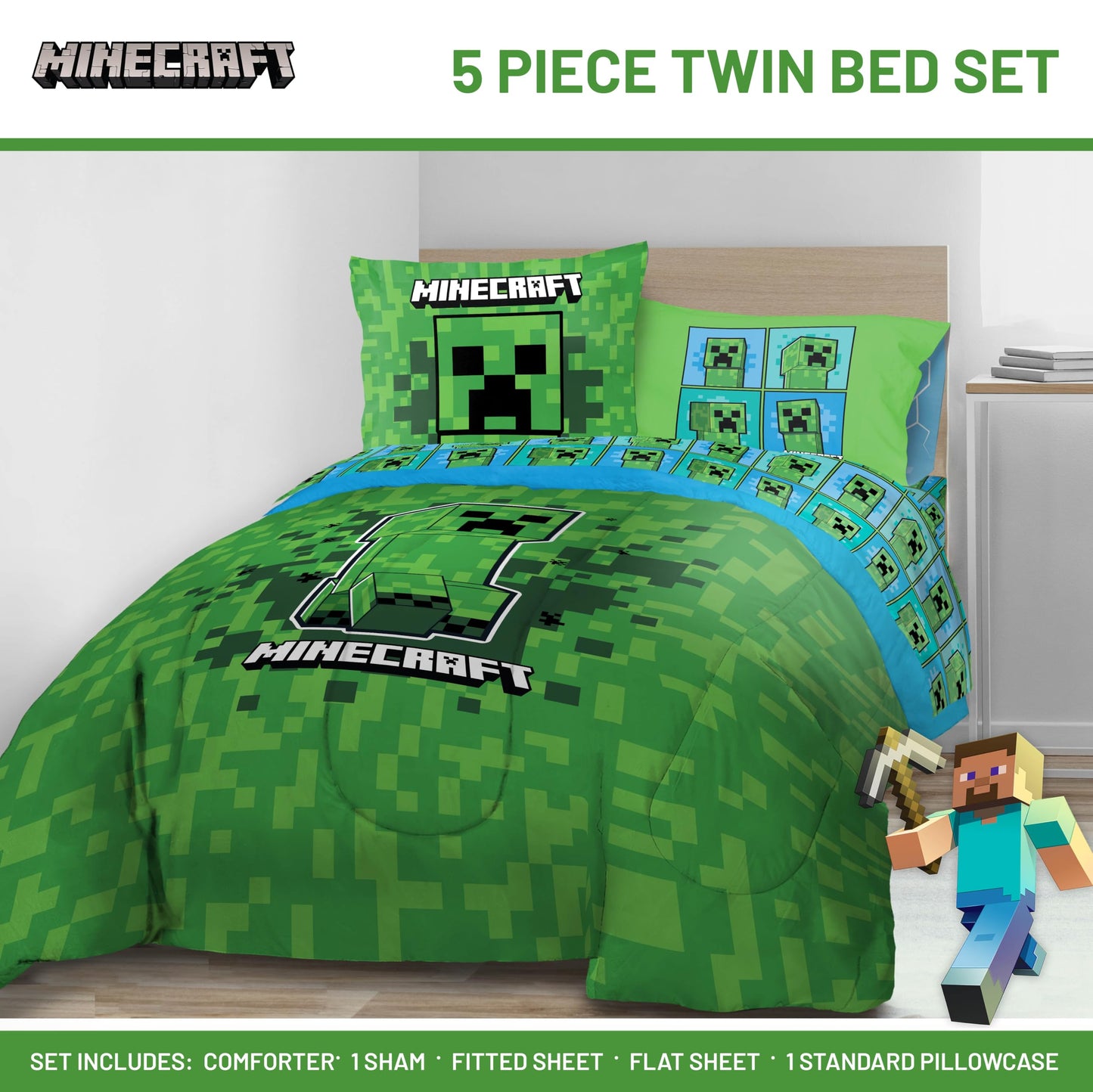 Jay Franco Minecraft Creeper Twin Comforter Set - 5 Piece Boys Bedding Includes Comforter, Sheets & Pillow Covers, Officially Licensed Soft Microfiber Gamer Bed Set for Room Decor, Green
