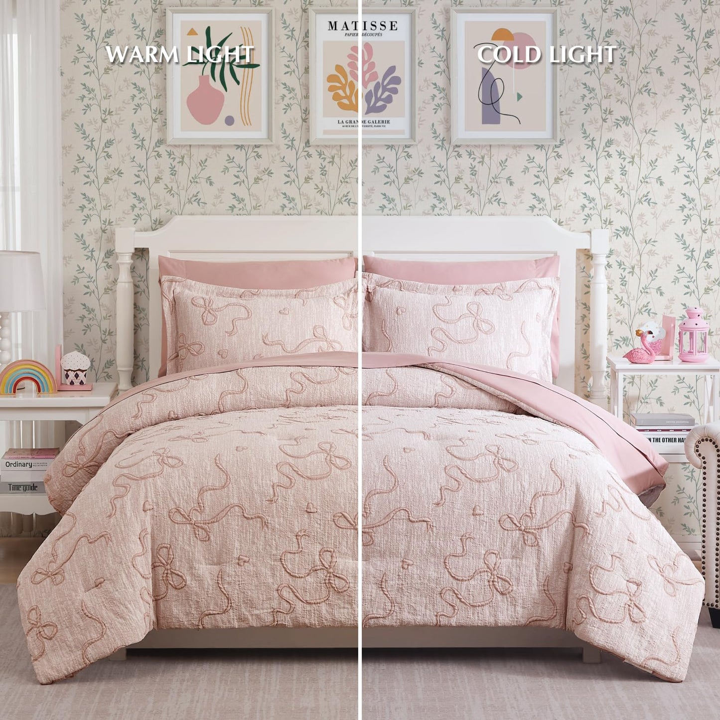 Geniospin Pink Twin Comforter Set for Girls- 5 Pieces Bowknot Jacquard Bed in A Bag Twin Bedding Sets with Sheets, Pillowcases & Shams, All Season Kids Comforter Set