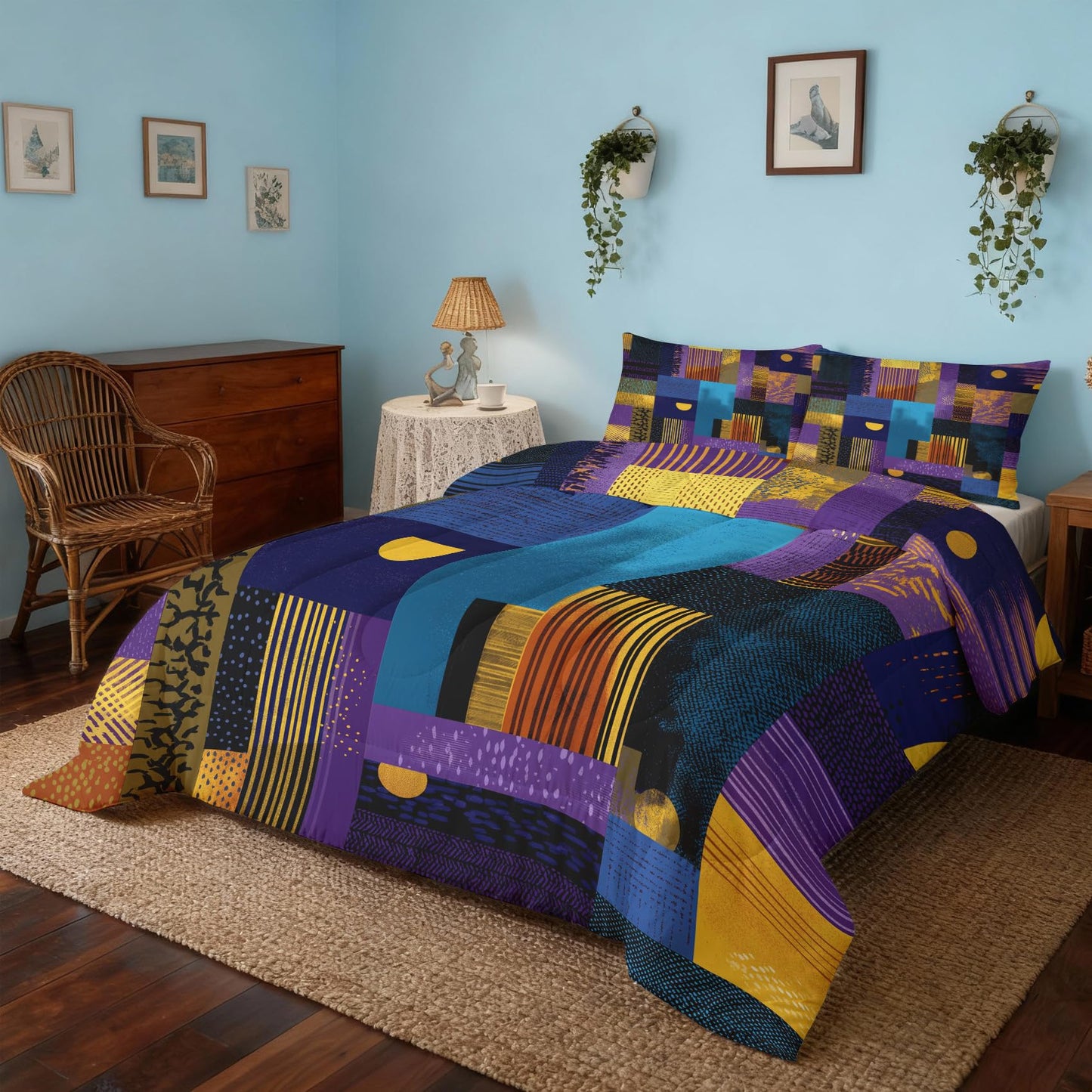 ZDABAOEC Patchwork Boho Queen Comforter Set 3 Piece, 2 Pillow Shams, Mid Century Modern Geometric Reversible Down Alternative All Season Bedding, Soft Microfiber, Boho Bedroom Decor