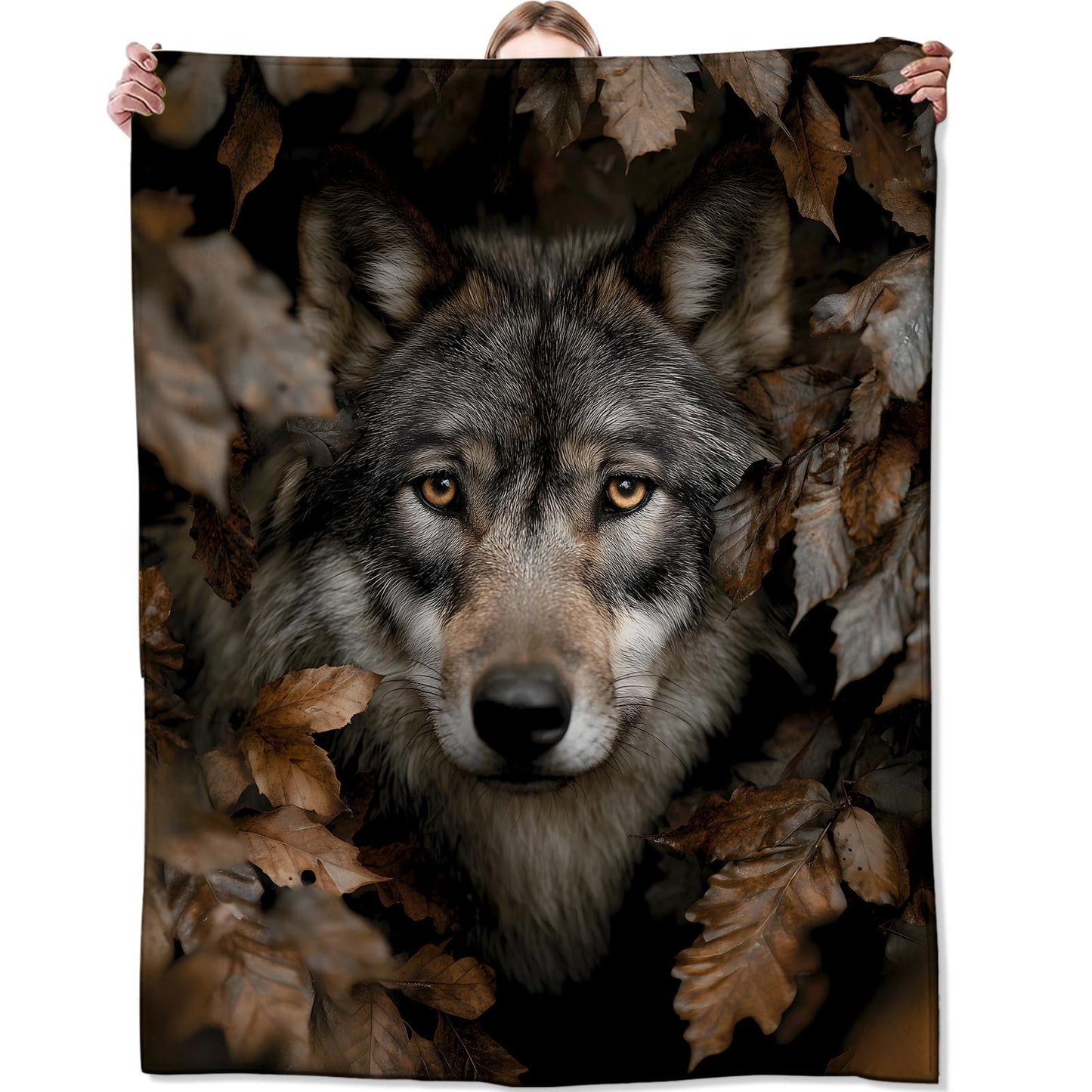 Zeleda Wolf Blanket, Gifts for Animal and Fall Lovers, Lightweight Flannel Throw Blankets, Realistic Woodland Wildlife with Autumn Leaf Throws Home Decor, for Couch Living Room Office, 60x50inch
