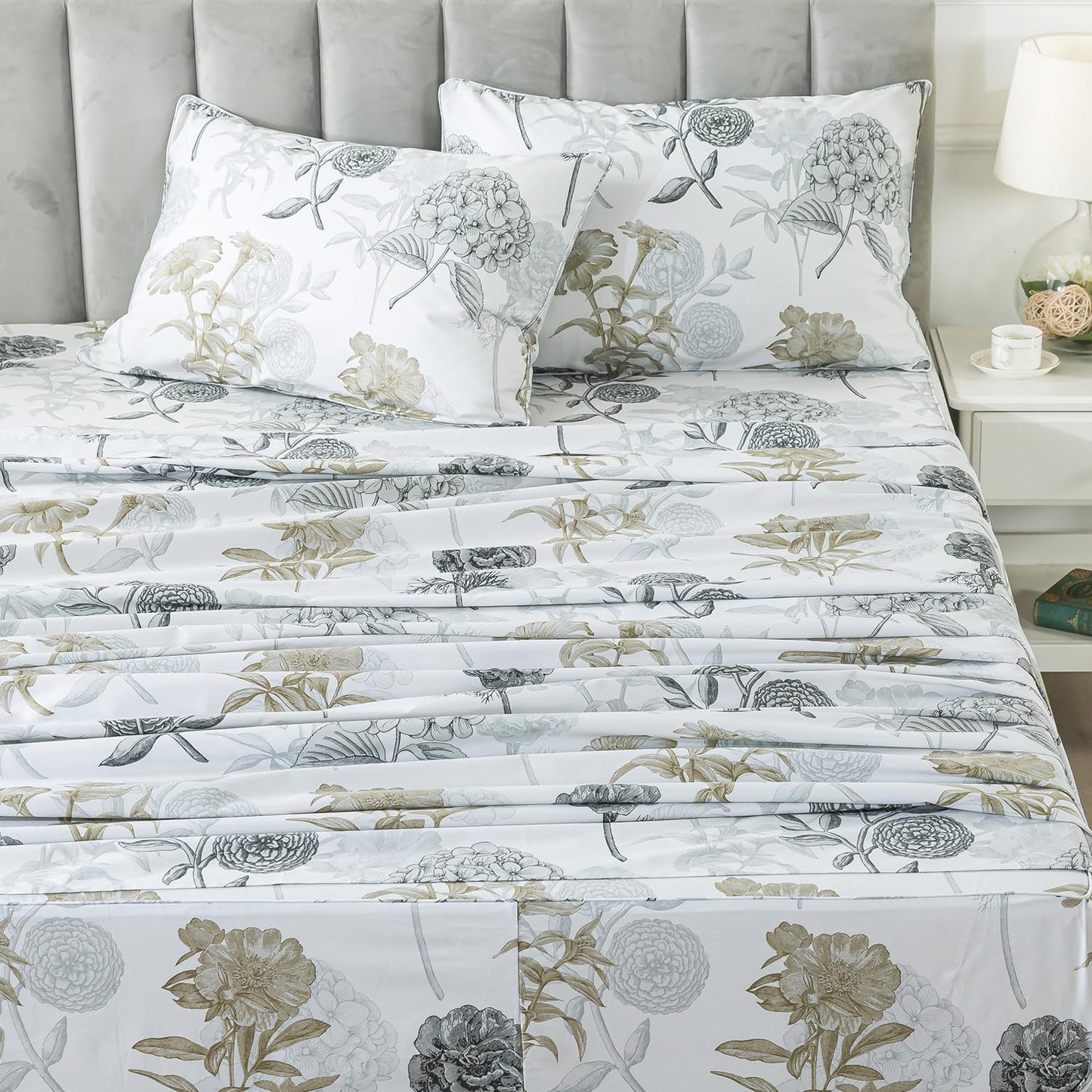 FADFAY Queen Sheets Set Percale Cotton Grey Floral Bed Sheets Deep Pocket Fitted Sheet, Luxury Ink Vintage Grey Hydrangea Printed Shabby White Bedding for All Season, Super Soft Crisp & Cool, 4 Pcs