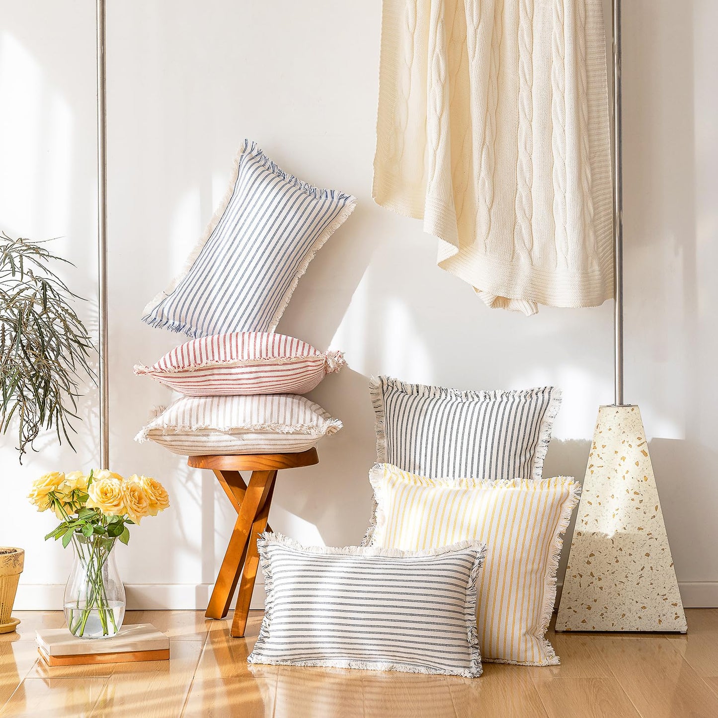 YEENAASY Throw Pillow Covers 18x18 Set of 2 Striped Fringe Pillow Cover Farmhouse Cushion Covers with Tassel Neutral Boho Pillows Decorative Square Pillowcase for Couch Sofa Bed, Khaki