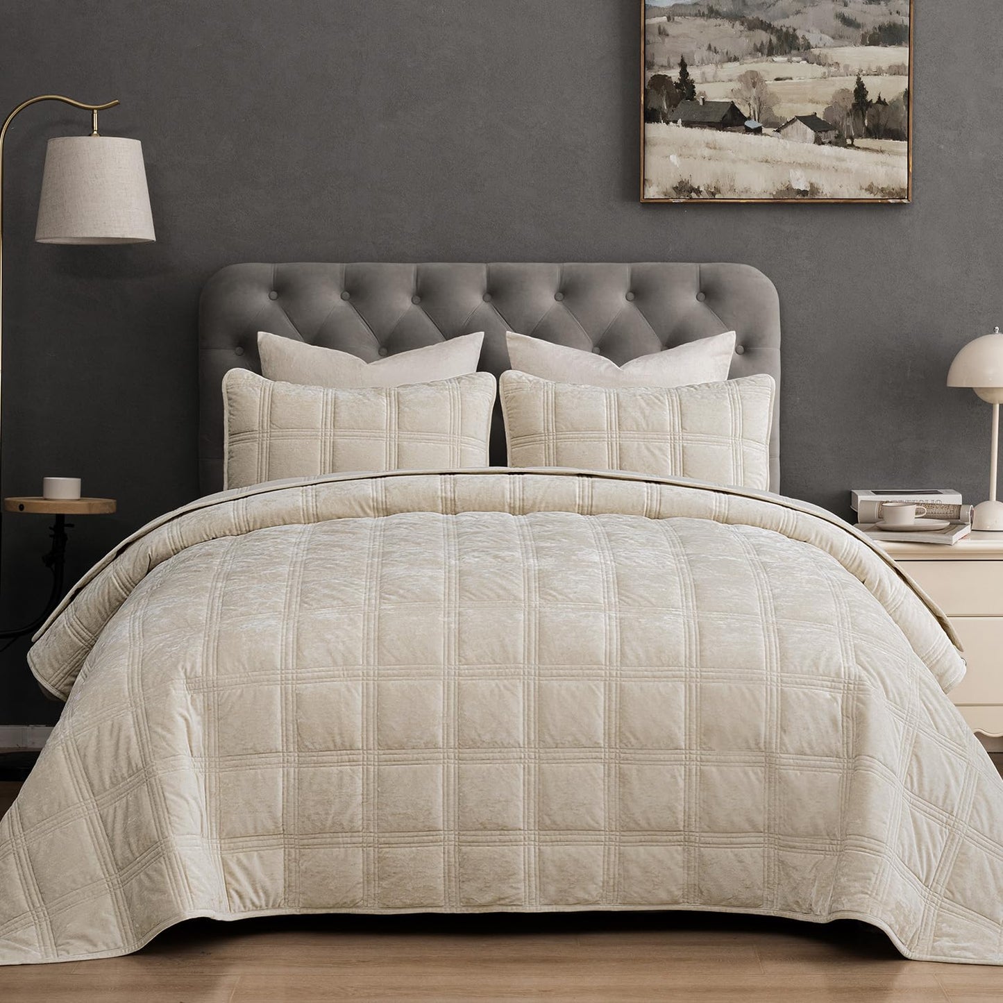 PHF Ultra Soft Velvet Quilt Set Queen Size – 3PCS Luxurious Cozy Quilted Comforter Alternative with Diamond Pattern, Warm Quilted Bedspread Coverlet, 90" x 92", Sand