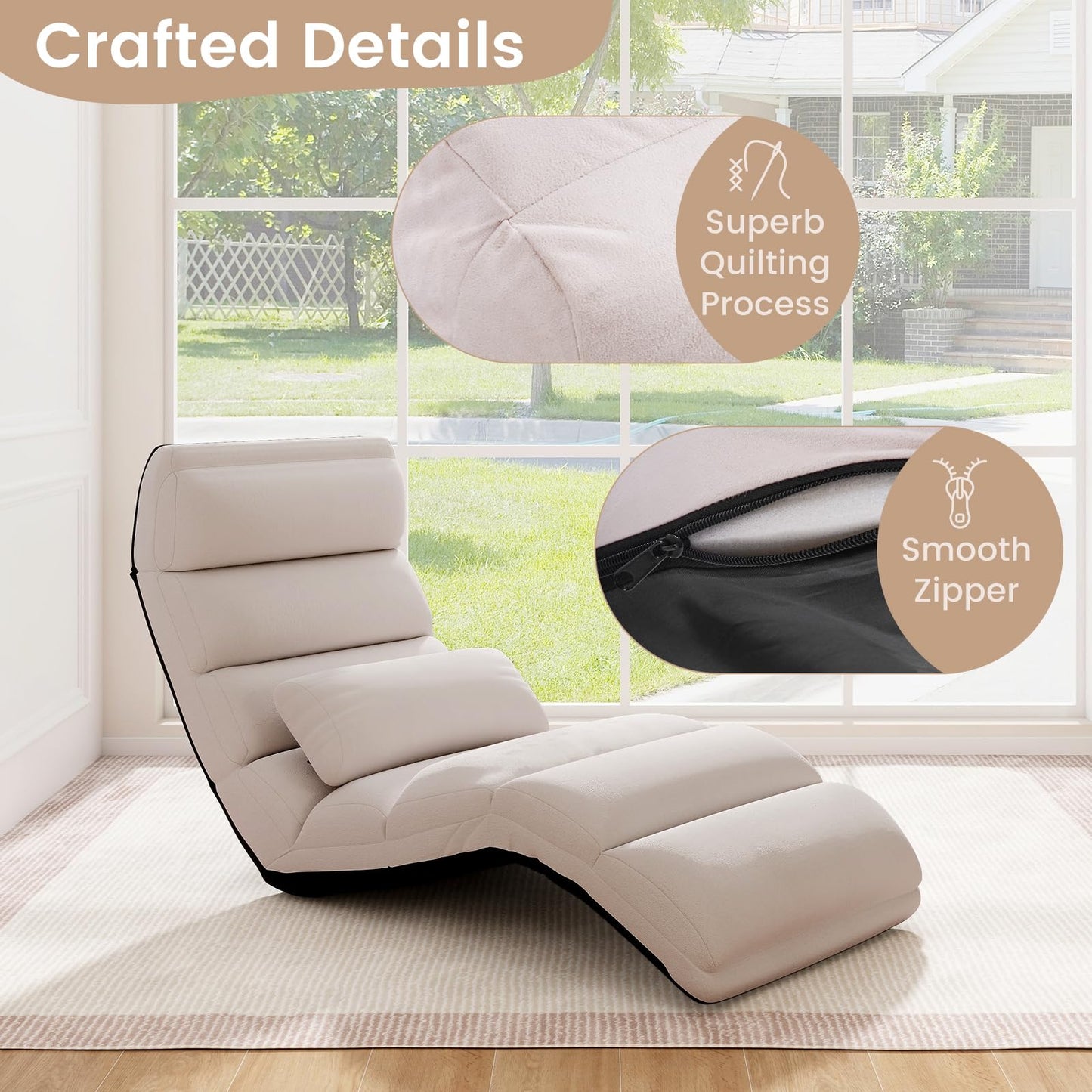 KOMFOTT Foldable Floor Lazy Sofa with Pillow, Indoor Chaise Lounge with 5 Adjustable Positions, Adjustable Back Support & Footrest, Video Gaming Chair for Home, Office, Reading, Watching (Beige)