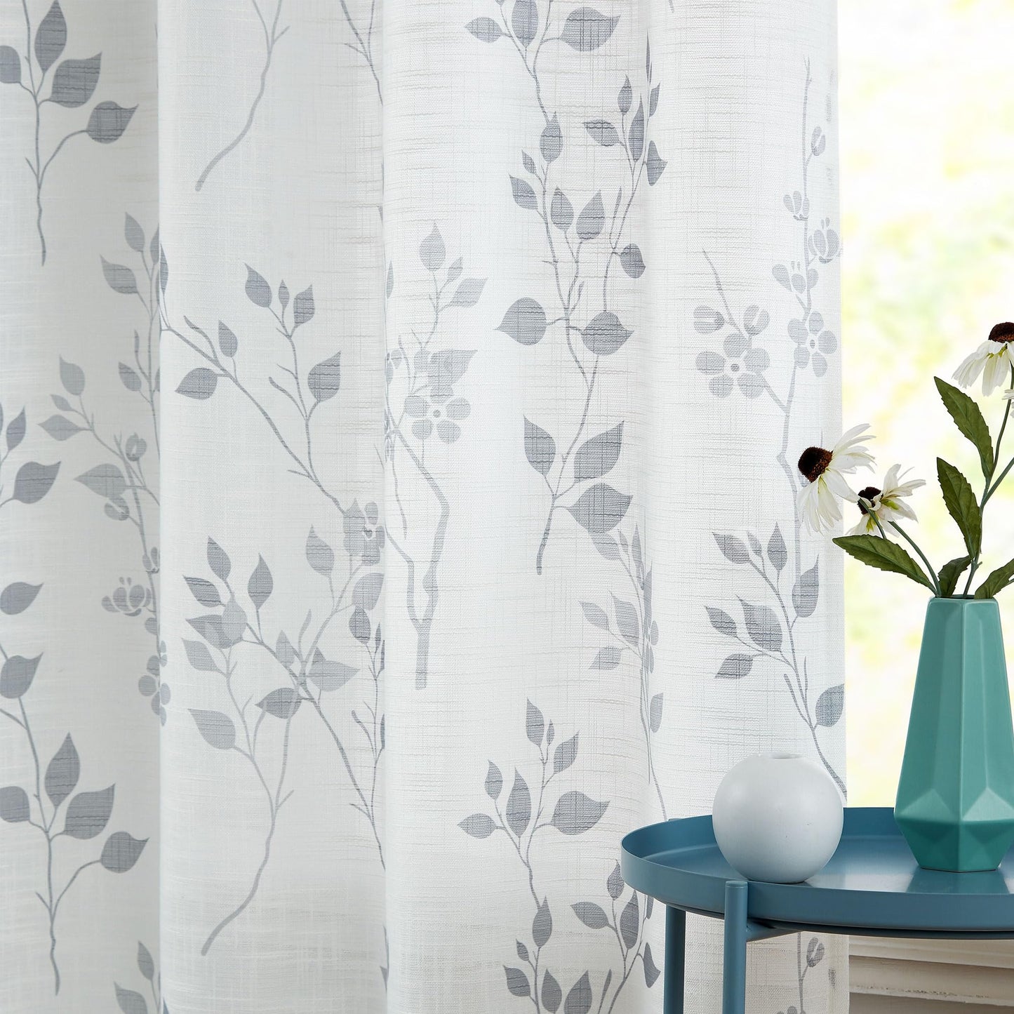 Beauoop Floral Linen Semi Sheer Curtains 54 Inches Long 2 Panels for Living Room Bedroom Grey Farmhouse Flower Patterned Light Filtering Textured Rod Pocket Window Treatments Drapes, 50x54 2 Set