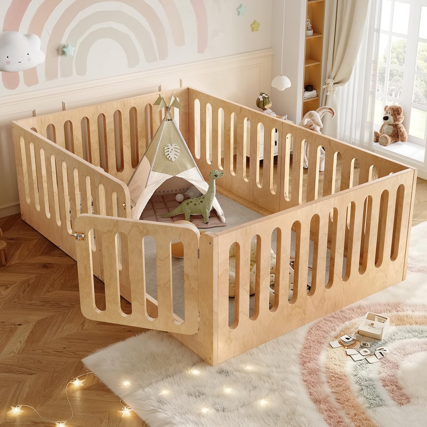 KEIKI Full Size Wood Montessori Floor Bed Frame with Door, for Girls and Boys, Modern Style Low-Profile Design Floor Bed with High Fence, Easy Assembly, No Box Spring Required, for Bedroom, Natural