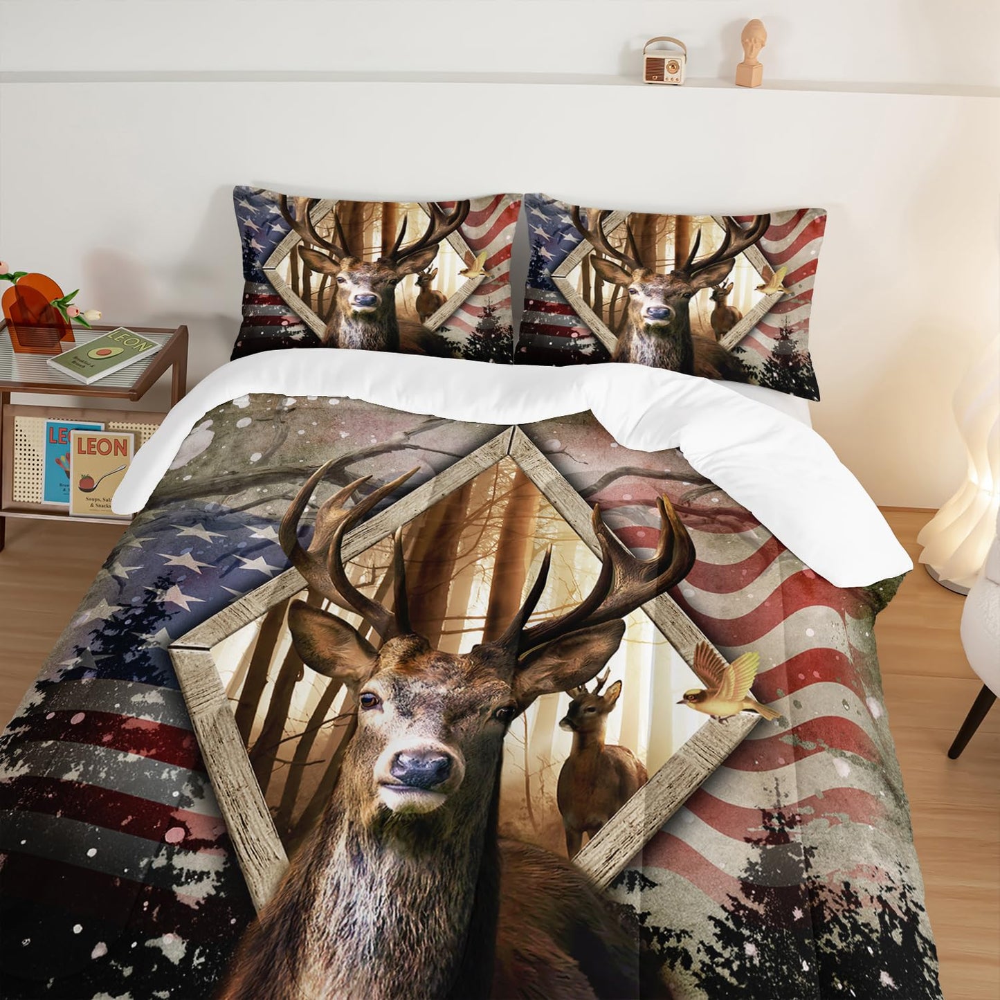HOSIMA Hunting Bedding Sets 3Pcs Deer Comforter with 2 Pillowcases,Western Farmhouse Animal Hunting Stars Stripes USA Flag Full Size Comforter for Teen Boys Mens Bedroom Essentials RV Inside Decor.