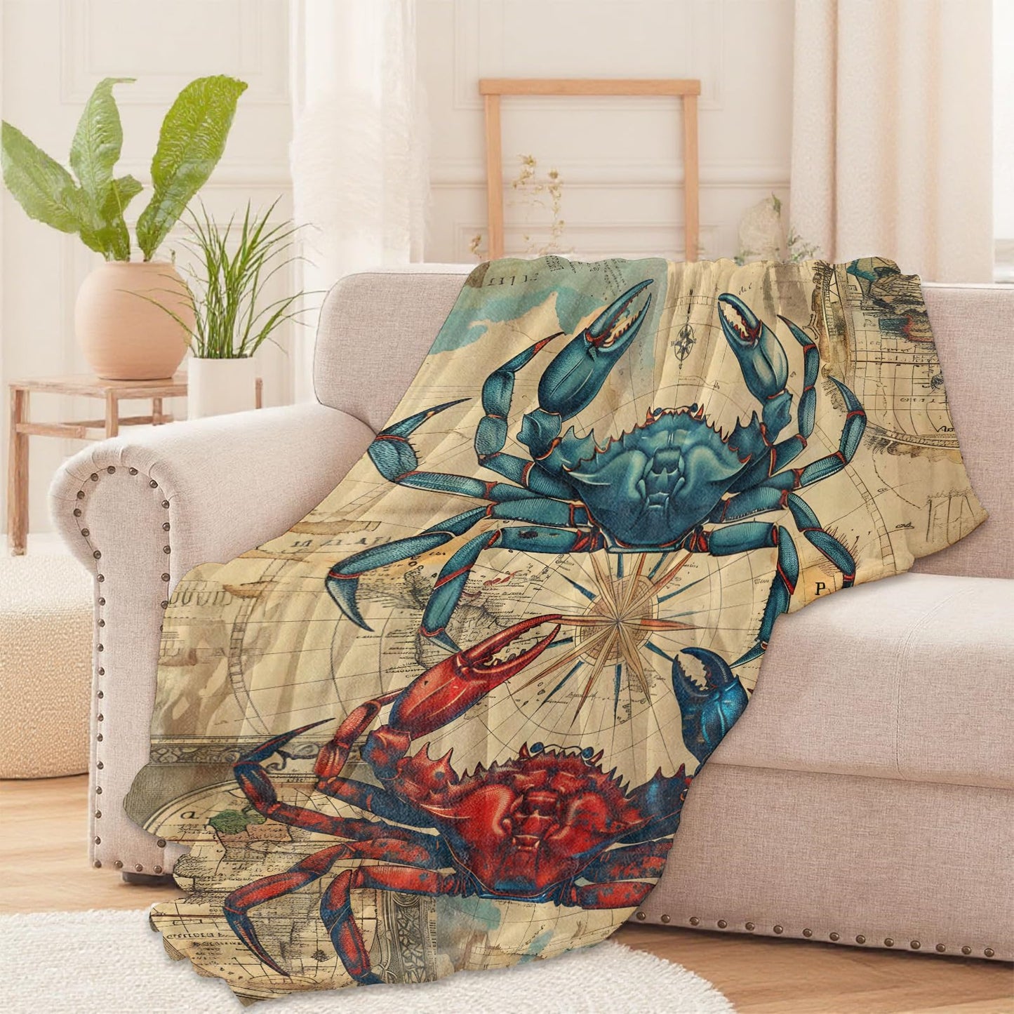 Nautical Crab Throw Blanket for Boys Girls Kids Adults Women, Fuzzy Warm Soft Cozy Flannel Blankets Gifts for Bedroom, Couch, Travel, Home Decor 50x60 in
