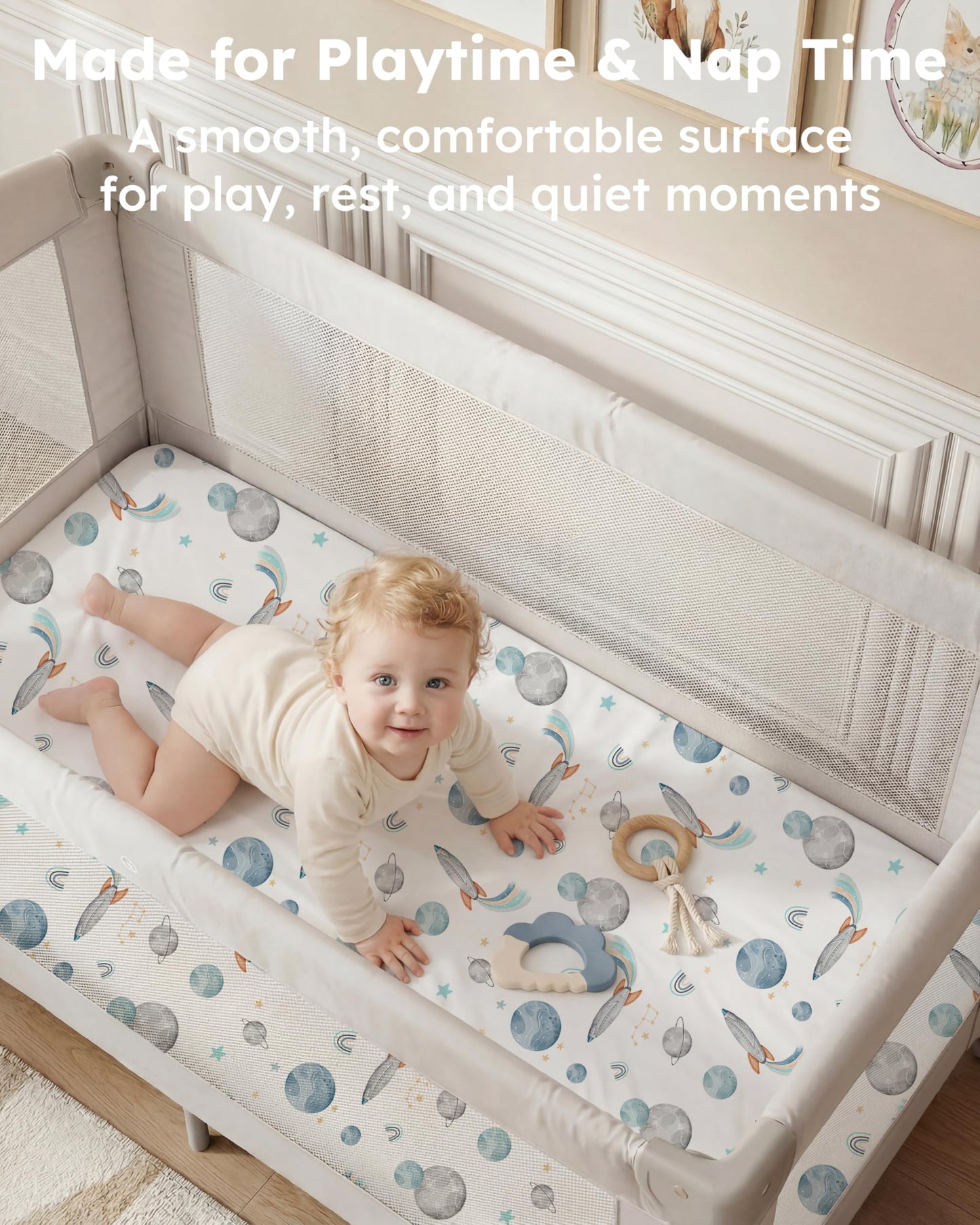 Nyessmee Pack and Play Sheets for Boys Girls, 38" x 26" Mini Crib Sheets Fitted for Pack n Play Mattress, Soft Breathable Playard Sheets, 2-Pack Blue Rocket