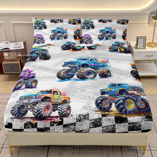 AILONEN 3-Piece Colorful Monster Truck Bedding Sets Twin Size,Featuring Cartoon Trucks and Checkered Flag Pattern Fitted Sheet Set Perfect for Kids Rooms,1 Sheet Set + 2 Pillowcases,Soft Comfortable
