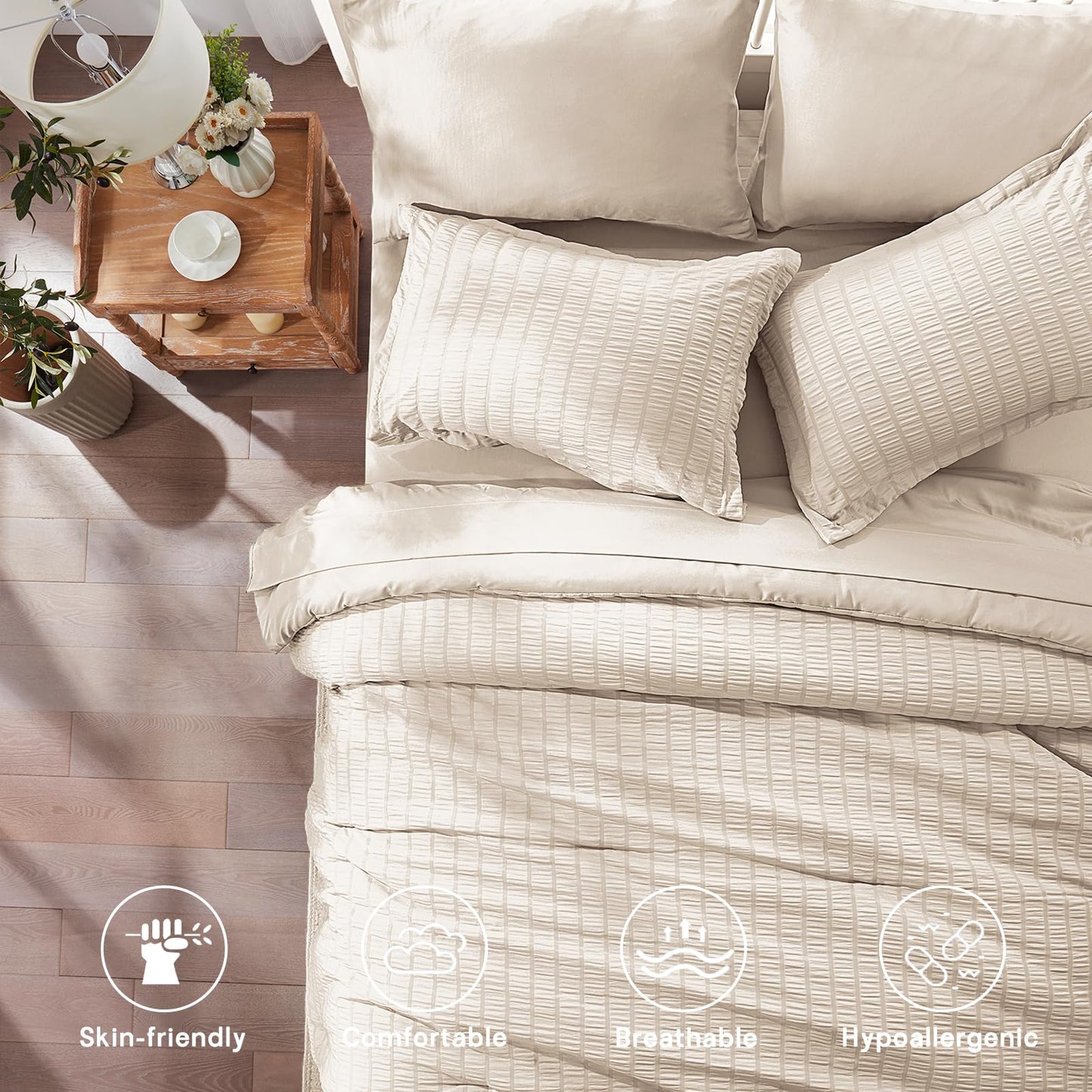 Zzlpp Beige Queen Comforter Set 7 Pieces, Seersucker Bed in a Bag for Bedroom, All Season Bedding Sets with 1 Comforter, 2 Pillow Shams, 2 Pillowcases, 1 Flat Sheet, 1 Fitted Sheet