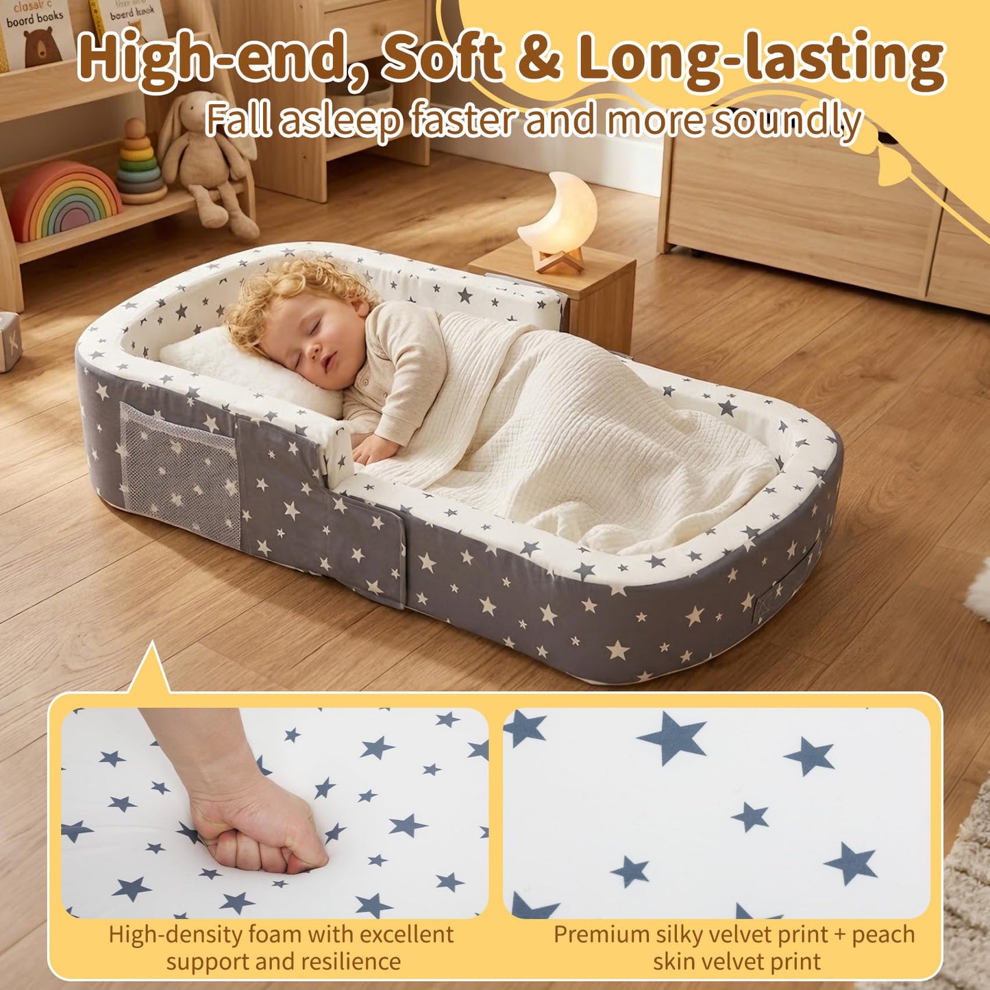 Toddler Travel Bed, 2-in-1 Portable Toddler Bed Sofa Chair Convertible Travel Crib with Storage Pockets, Foldable Portable Toddler Bed Sofa Chair Velvet Washable Covers for Kids Camping Hotel Sleeping