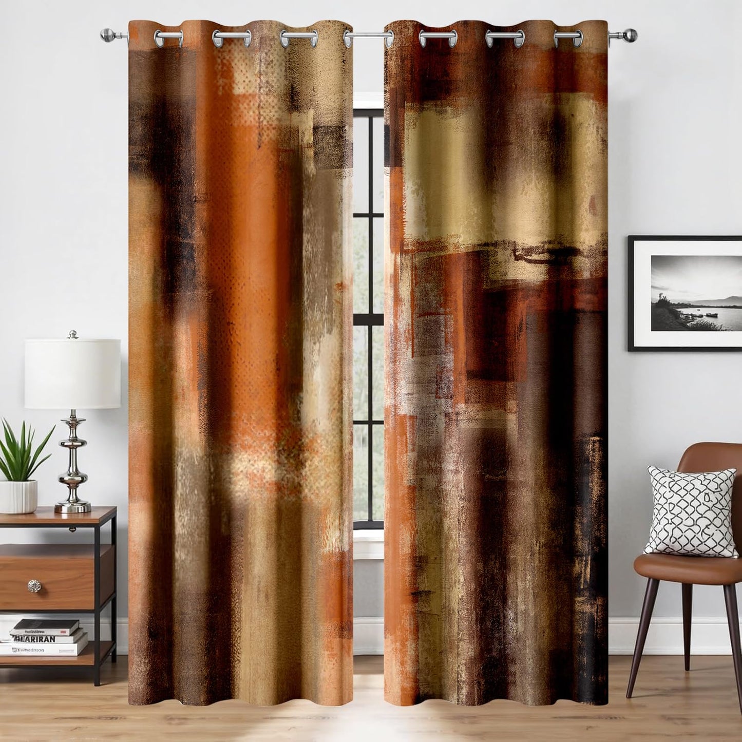 JAZEAOI Burnt Orange Abstract Blackout Curtains, Modern Art Red Brown Rust Black Out Window Drapes for Bedroom Living Room Grommet Thermal Insulated Room Darkening Home Decor, 2 Panels 52x84 Inches