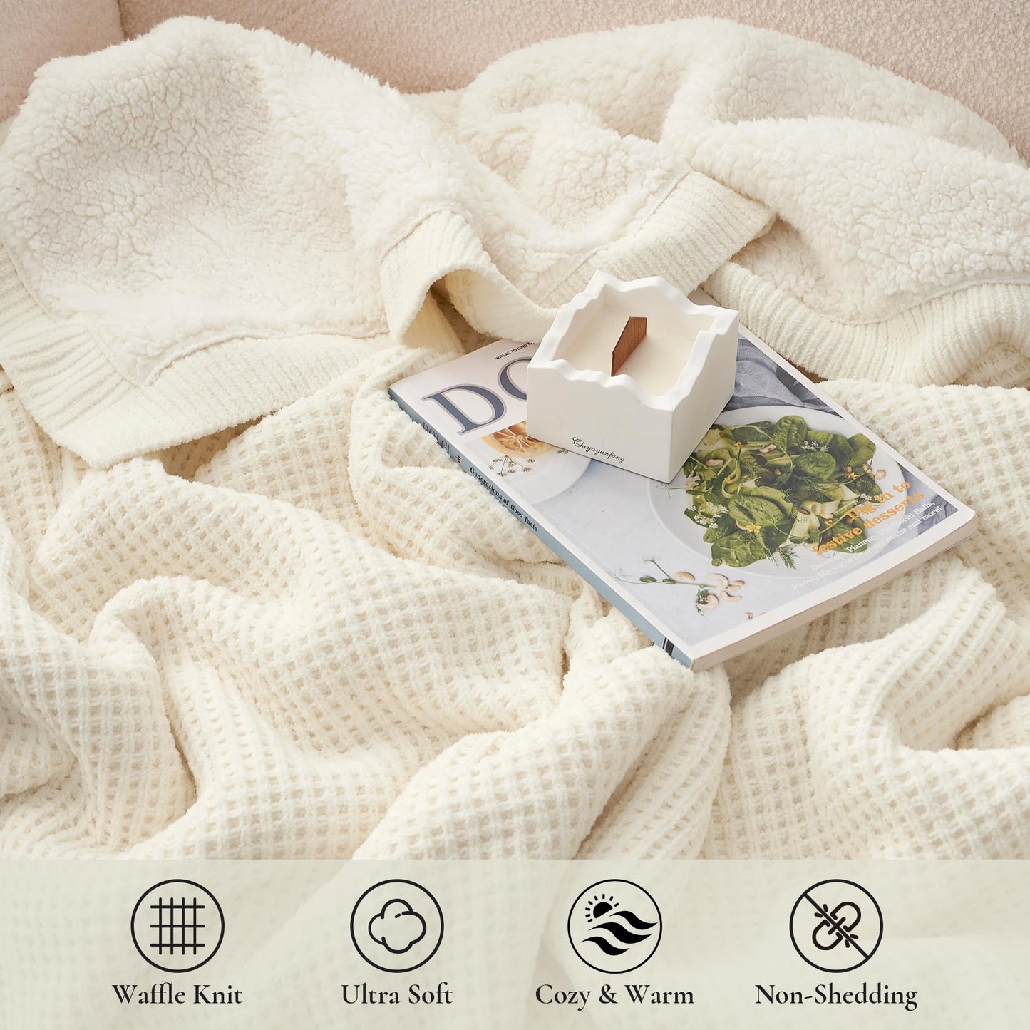 Amélie Home Reversible Waffle Weave Throw Blanket, Chenille Knit with Warm Sherpa, Soft Cozy Blanket for Couch, 50"x60", Ivory