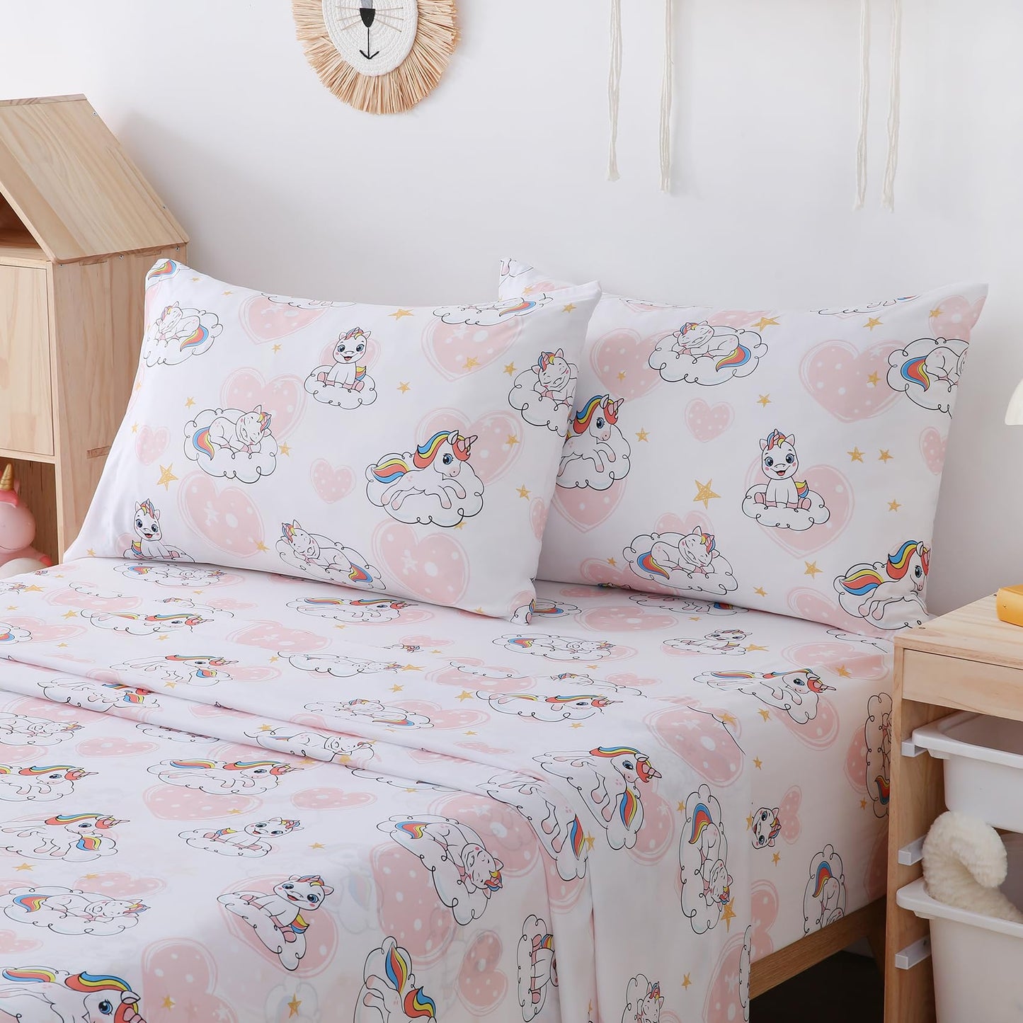 Yibeizi Full Size Sheets Set Kids, Unicorn Pattern Microfiber Double Bed Sheets, Cute Heart Soft Oeko-Tex Extra Deep Pocket Sheets & Pillowcases Cooling Hypoallergenic Wrinkle Free Bedsheets
