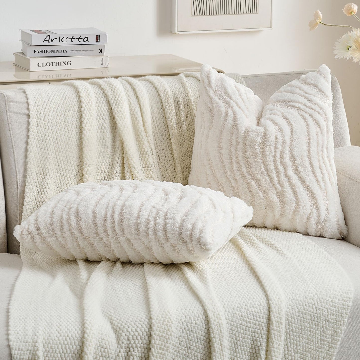 FUTEI Pack of 2 Solid Faux Fur Geometric Striped Throw Pillow Covers 18x18 Inch Soft Farmhouse Decorative Accent Lumbar Pillowcases Modern Home Decor for Couch Living Room, White