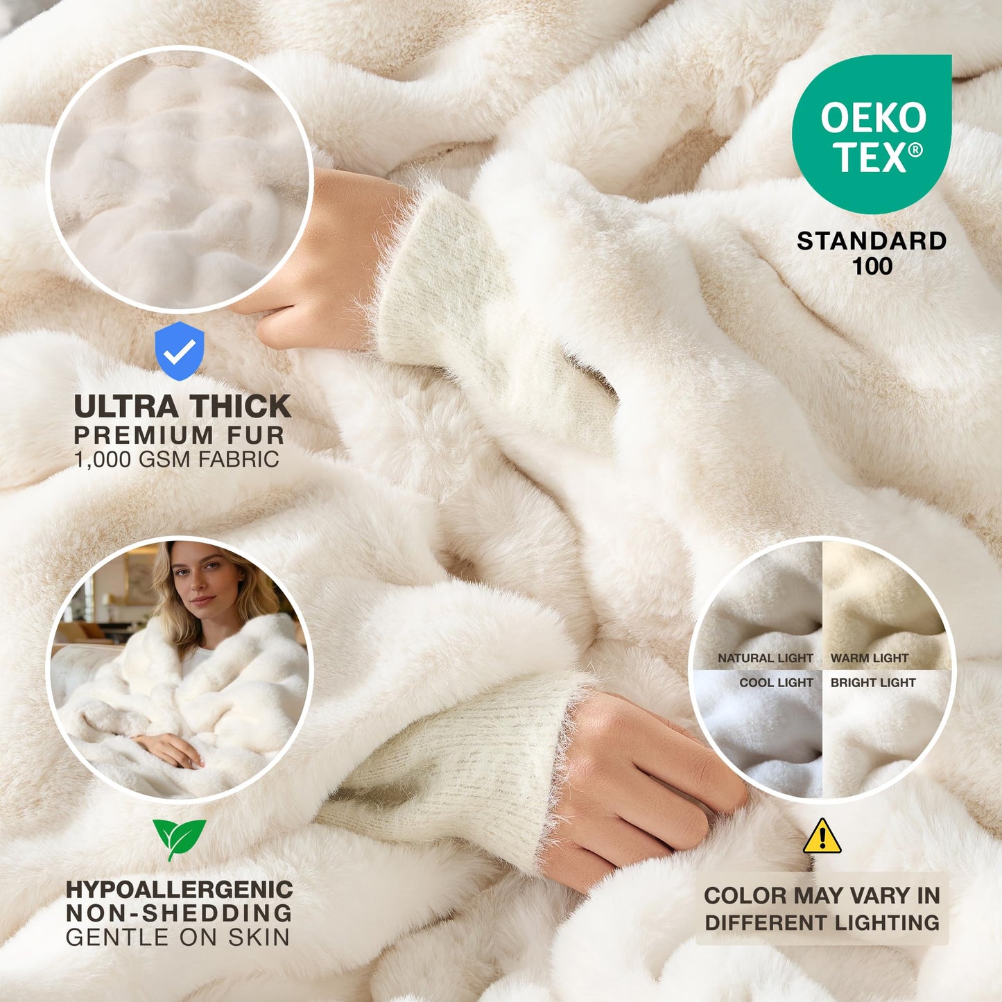 Luxury Ultra Soft Faux Fur Throw Blanket, 50x60 Inches Fluffy Plush Thick Bubble Blanket for Couch and Sofa, Premium Velvet Cozy Lola Fuzzy, 1000 GSM (Cream White)