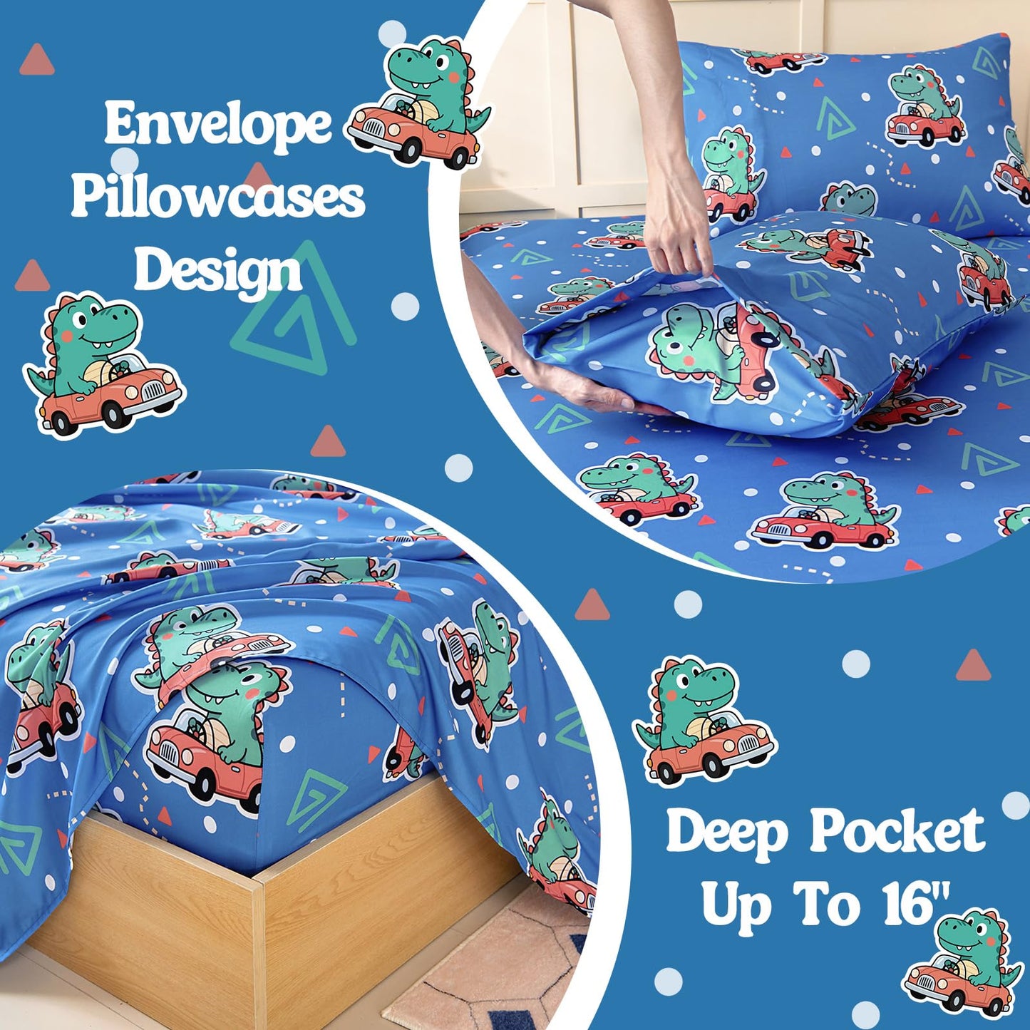 MCO Twin Sheets Set Kids, Soft Microfiber Bed Sheet Set for Boy Girls, 3 Pieces Breathable Twin Sheets Dinosaur Blue