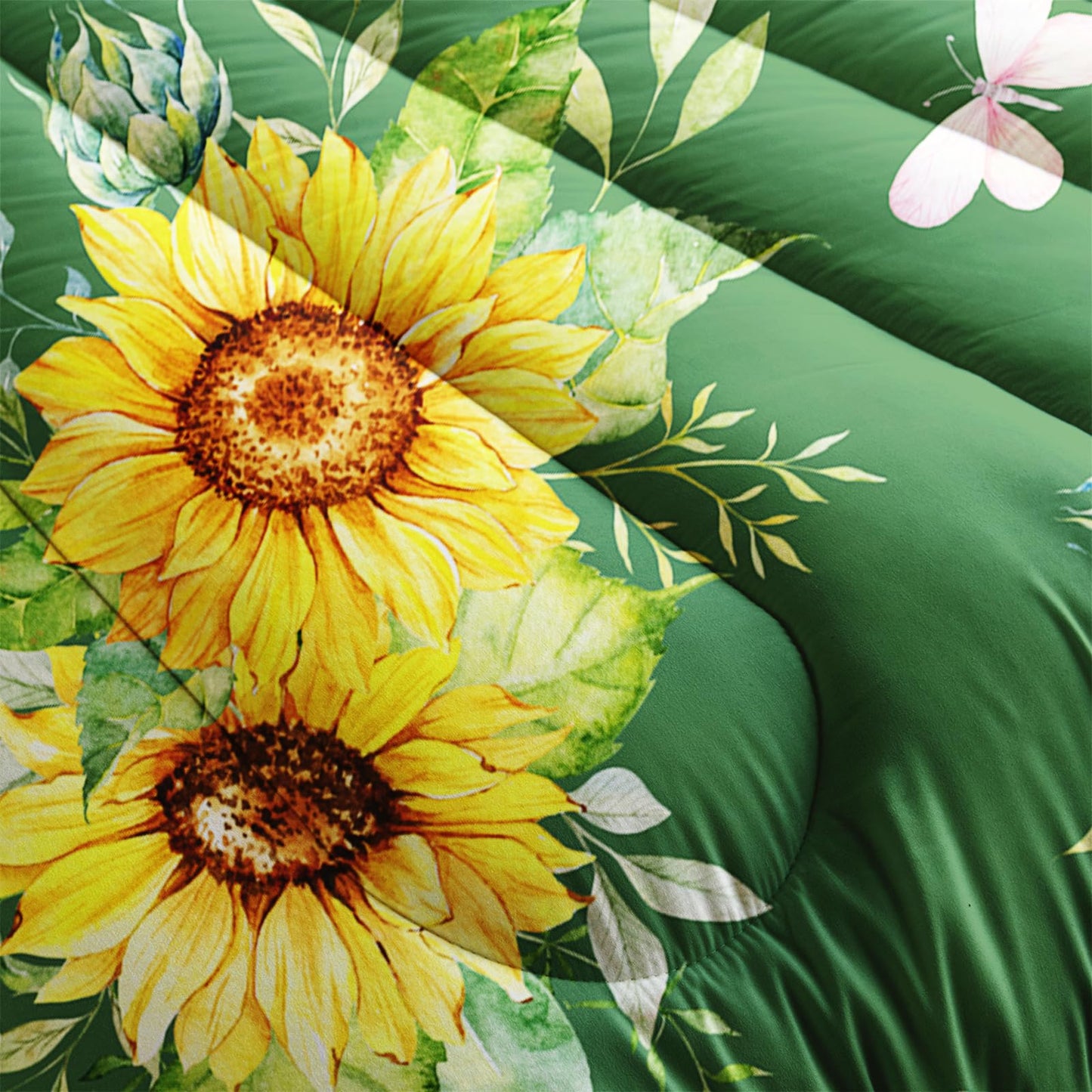 Nttopship 3 Piece Green Sunflower Comforter Sets Full Size, Farmhouse Floral Bedding Set for Girls Boys Adults,3 Piece Bed in A Bag, Ultra Soft Microfiber All Season Yellow Flower Bedding Set