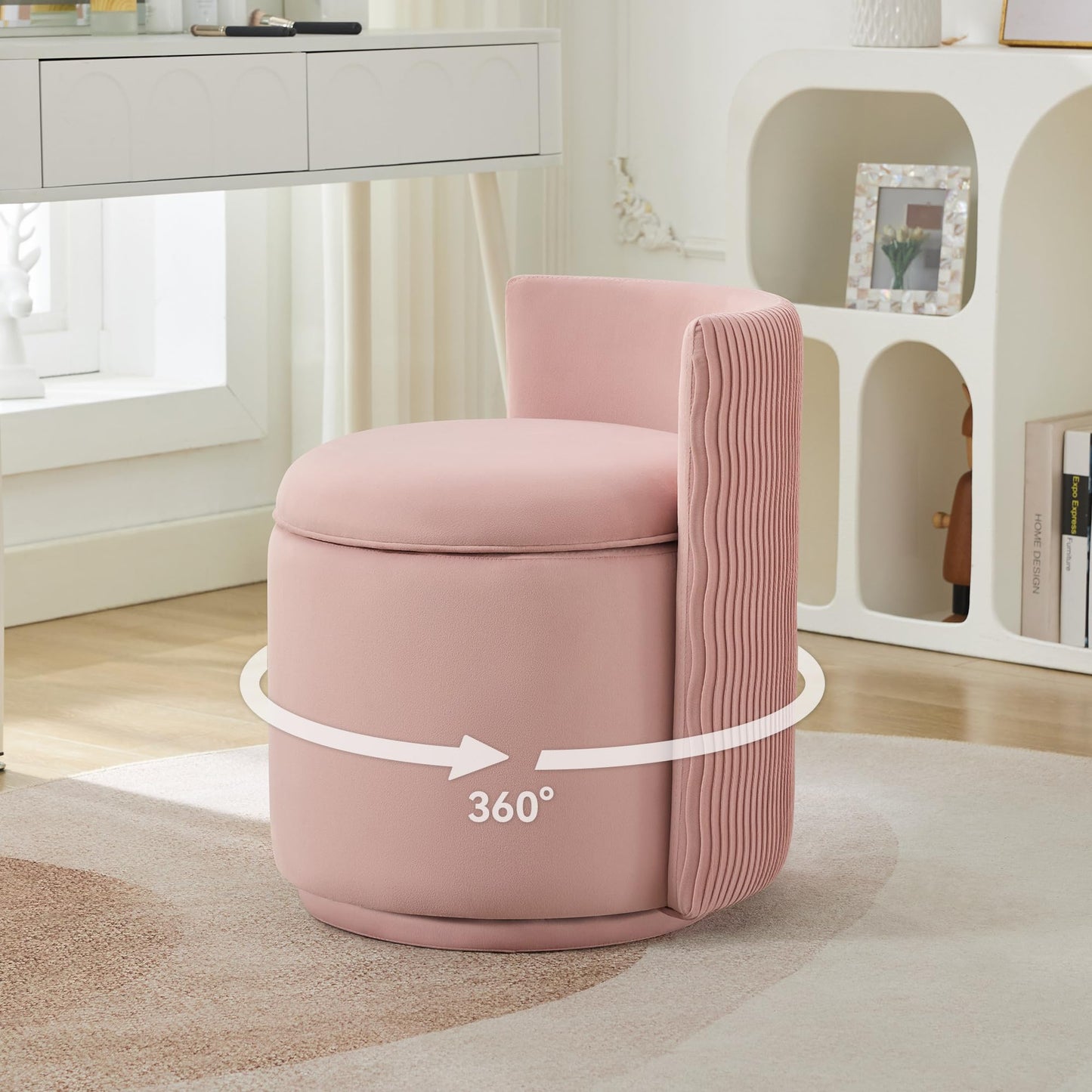 WUTUTUEE Velvet Vanity Chair with Storage, 360° Swivel Makeup Chair with Wave Back, No Assembly Small Accent Stool for Bedroom, Dressing, Living Room, Pink