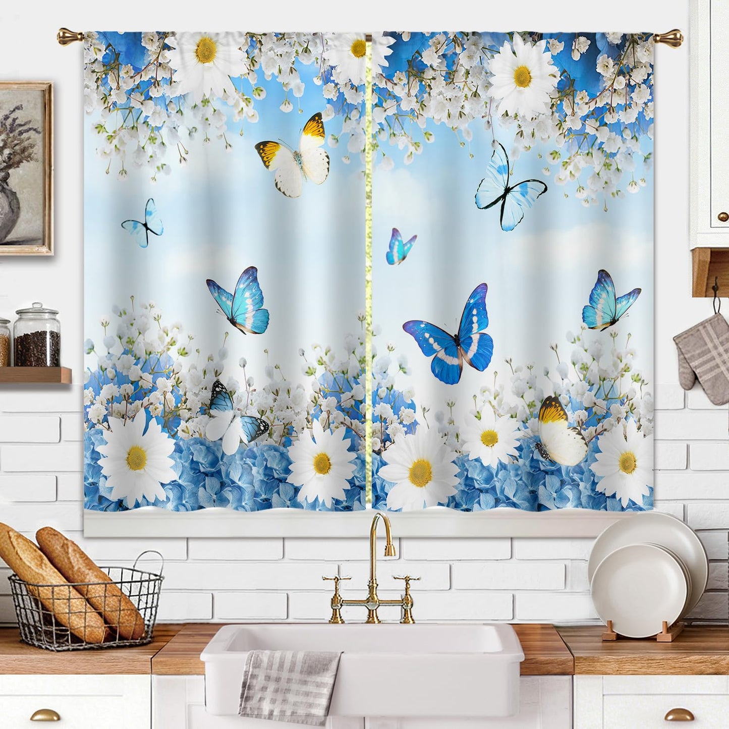 Cizuug Floral Butterfly Curtain for Kitchen & Bathroom Curtains - Daisy Floral Pattern Spring Cafe & Bedroom Short French Door Curtains 2 Panels (27.5x39 Inch)