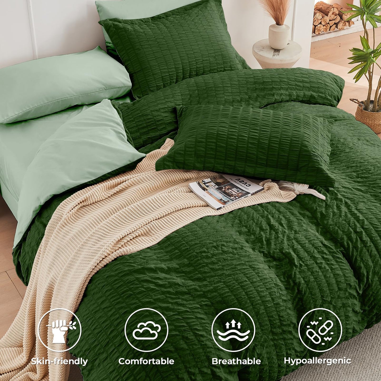 HYMOKEGE Dark Green/Sage Green Oversized Queen Comforter Set Seersucker 7 Pieces, All Season Luxury Bed in a Bag for Bedroom, Bedding Set with Comforter, Sheets, Pillowcases & Shams