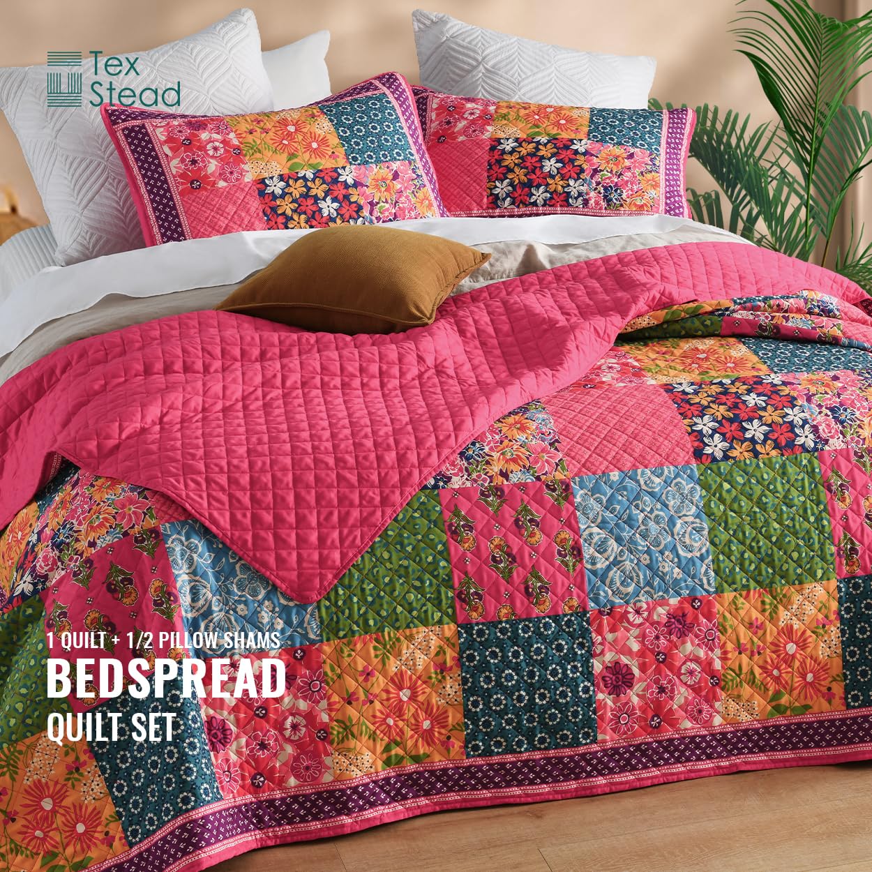 TEXSTEAD Queen Quilt Set - Washed Quilted Patchwork Comforter Coverlet, Lightweight Breathable Bedspread for All Seasons, Reversible 90"x90" with 2 Pillow Shams, Machine Washable
