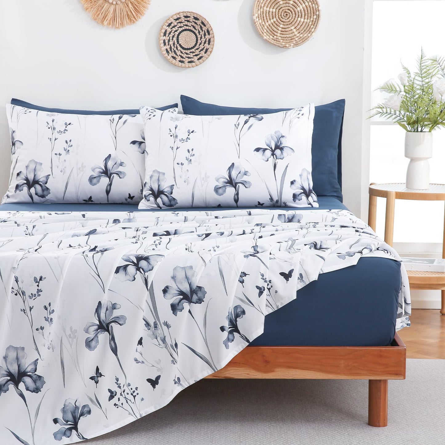 Swiftify Botanical Queen Bed Sheets Set 6-Piece, Boho Floral Brushed Microfiber Sheets, Cooling Bed Sheet Set, Soft & Breathable, 16' Deep Pocket Fitted Sheet & Pillowcase Set, Vintage Ink Iris