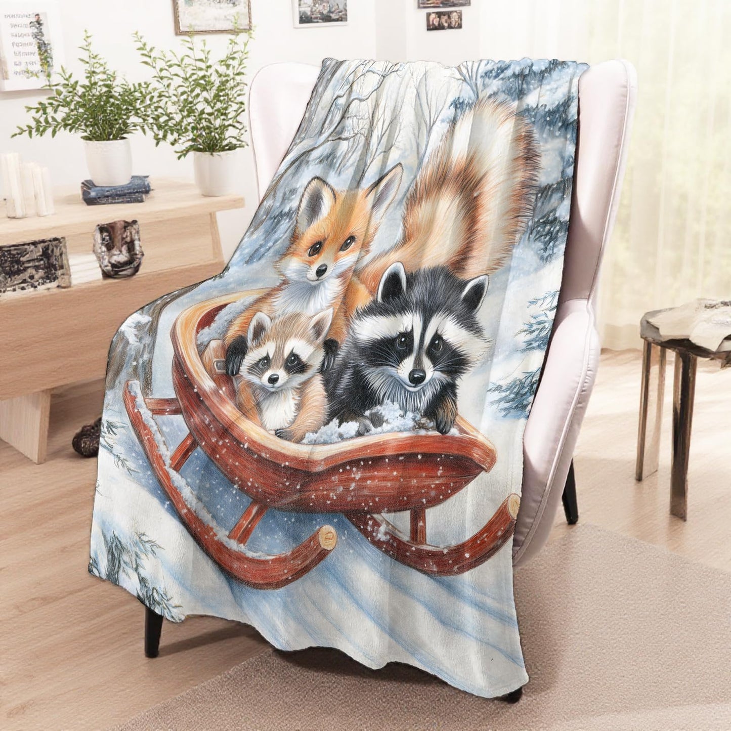 wyxdwh Cute Fox and Raccoon Blanket, Cozy Flannel Winter Snowy Forest Throw Blanket for Couch Outdoor, Plush Soft Lightweight Travel Blankets for Bed Decor and Gifts, for Women Adults Kids 50"x60"