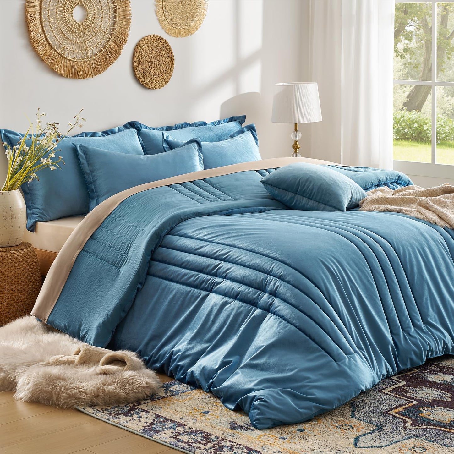 Blue Velvet Bedding Comforter Sets: Queen Size 3 Piece Luxury Ultra Soft Bed Set Suitable for All Seasons - Grayish Blue Cozy Striped Modern Rustic Lightweight Men Women Bedroom Comforter with 2 Shams
