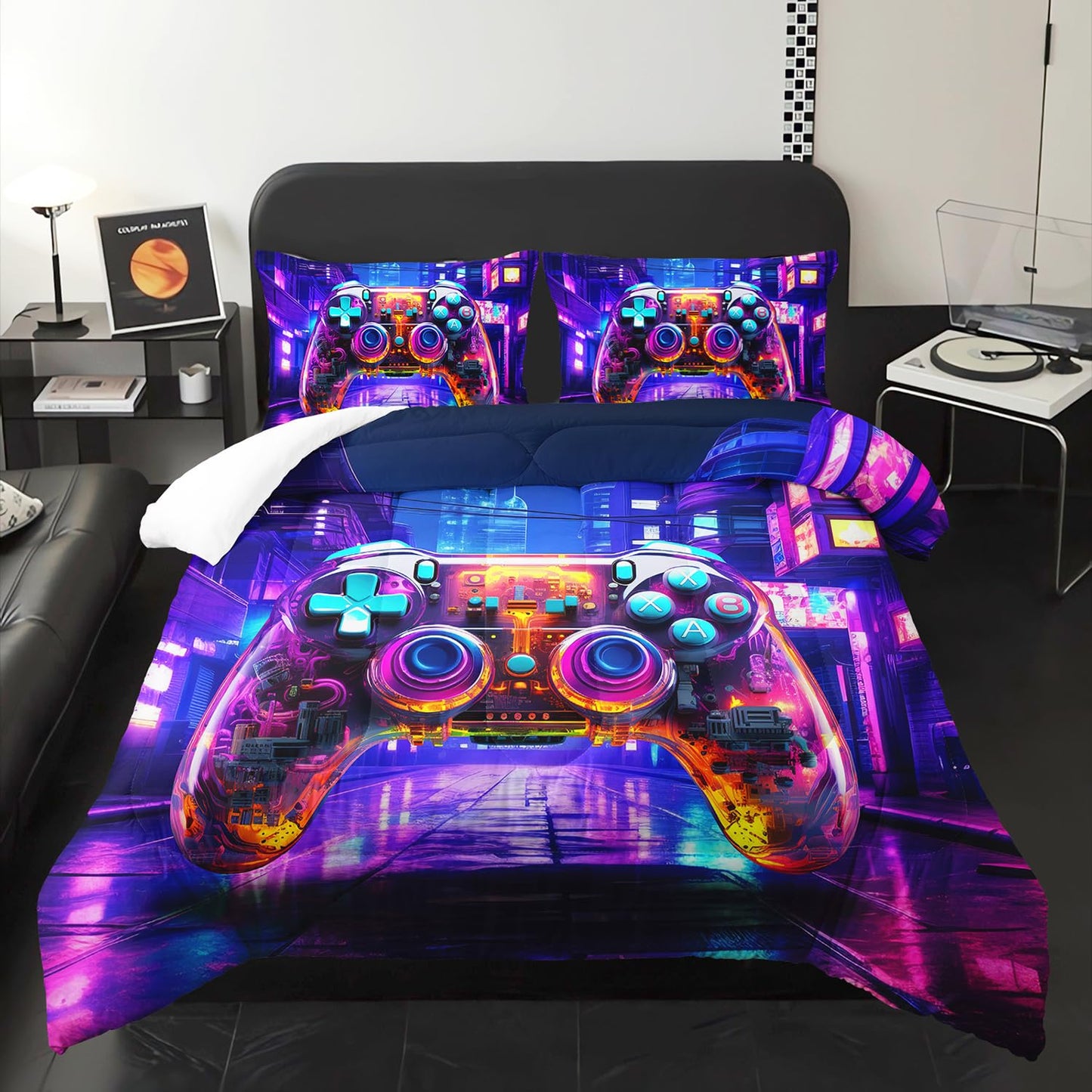 Nttopship Gamer Neon Comforter Set Queen Size, Violet Gaming 3 Bedding Set for Boys Girls Teens, Games Gamepad Lightweight Down Alternative with 2 Pillowcases for Bedroom Decorative