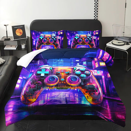 Nttopship Gamer Neon Comforter Set Queen Size, Violet Gaming 3 Bedding Set for Boys Girls Teens, Games Gamepad Lightweight Down Alternative with 2 Pillowcases for Bedroom Decorative