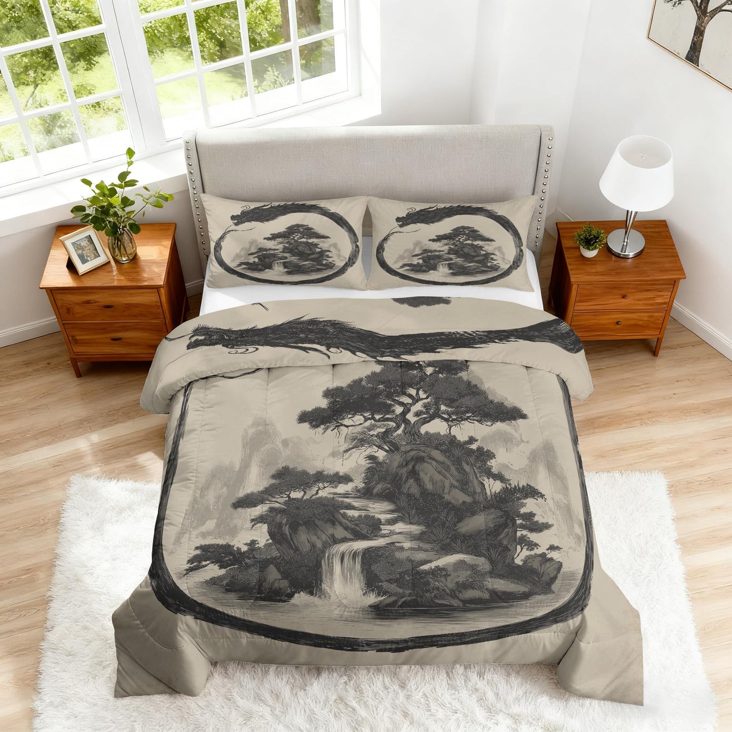 ZDABAOEC Chinese Dragon Twin Comforter Set 2 Piece, 1 Pillow Sham, Oriental Asian Japanese Style Reversible Down Alternative All Season Bedding, Soft Microfiber, Chinese Dragon Bedroom Decor