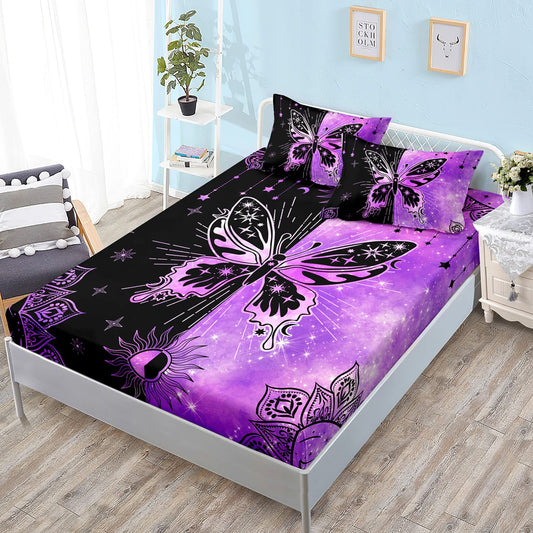 HOSIMA Butterfly Twin Fitted Sheet Set, Microfiber 3 Piece Twin Bedding Sets Starry Sun Mandala Fitted Sheet for Kids Teens, Bohemian Aesthetics Room Decor