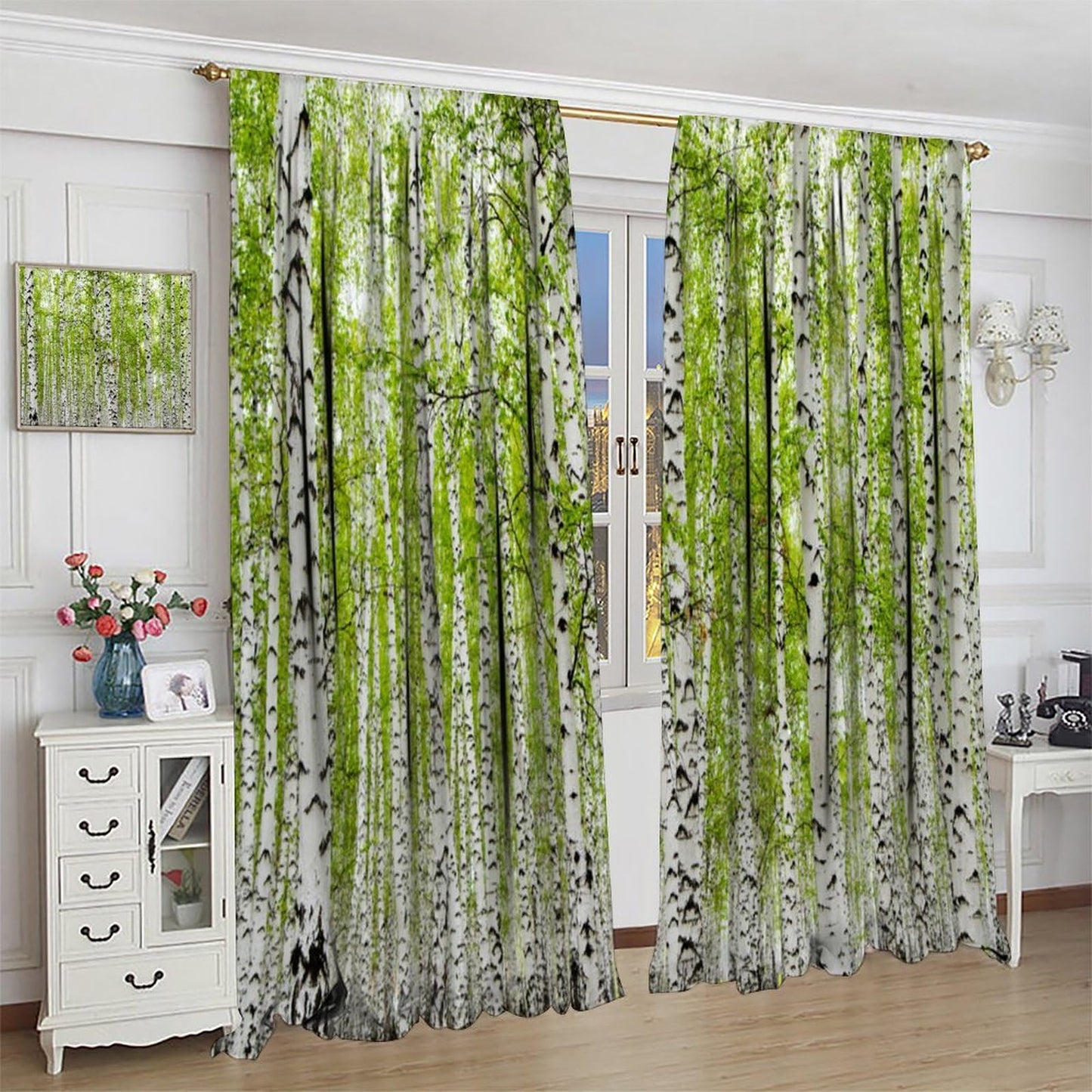 GoDazzling Rustic Farmhouse Birch Trees Curtains, Maple Leaves Forest Grove Wood Nature Spring Summer Scenery Window Drapes, for Living Room Bedroom 41" W X 45" L (No Blackout)