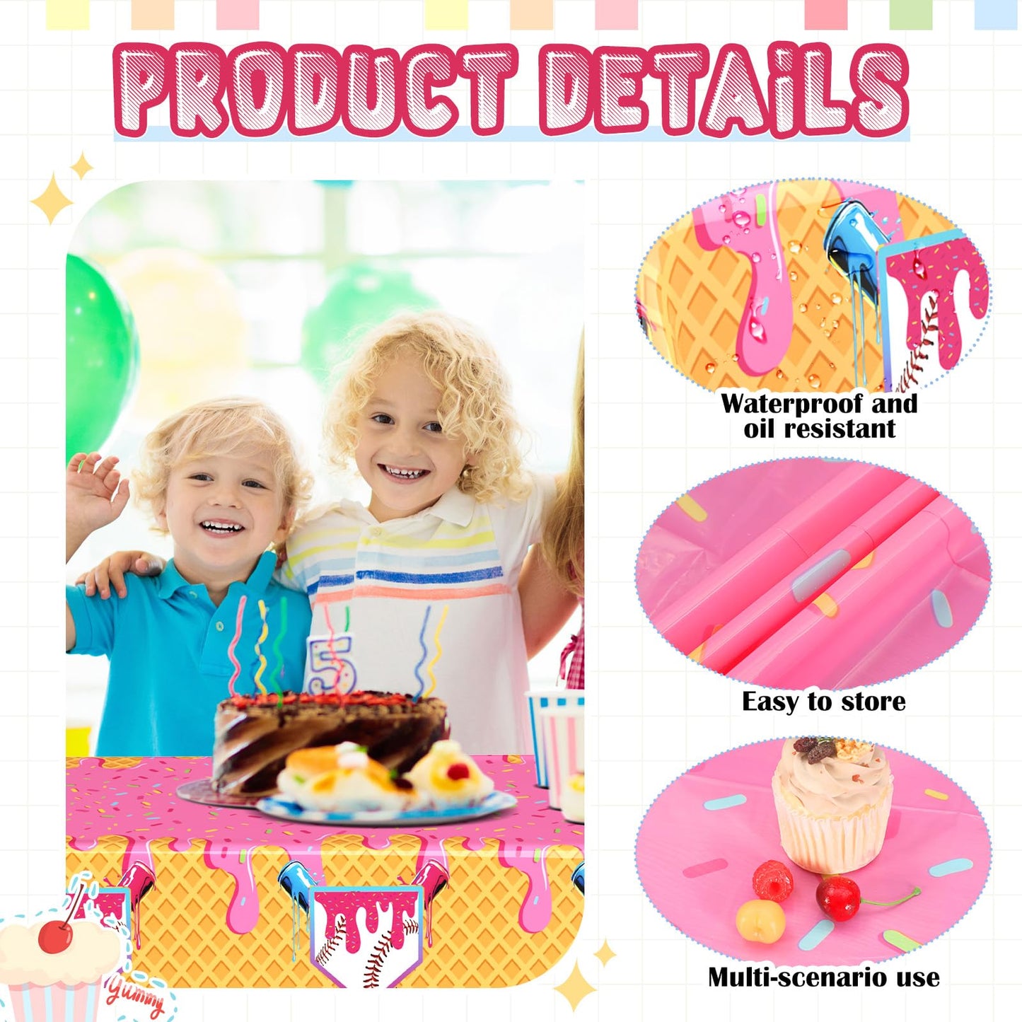 Gilprop 2 Pcs Baseball Ice Cream Drip Birthday Party Decorations Plastic Cute Birthday Tablecloth 108 x 54 Inches Disposable Rectangle Tablecover for Boys Girls Kids Baby Shower Party Supplies