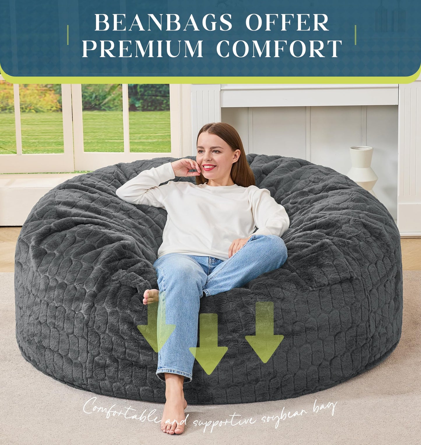 Hobestluk Bean Bag Chairs Adult Bean Bags with Fluffy Cover, Large Beanbag Chair with Filler Giant Bean Bag Chairs for Adults for Living Room, Bedroom (Dark Grey, 5FT - 50” x 50” x 24”)