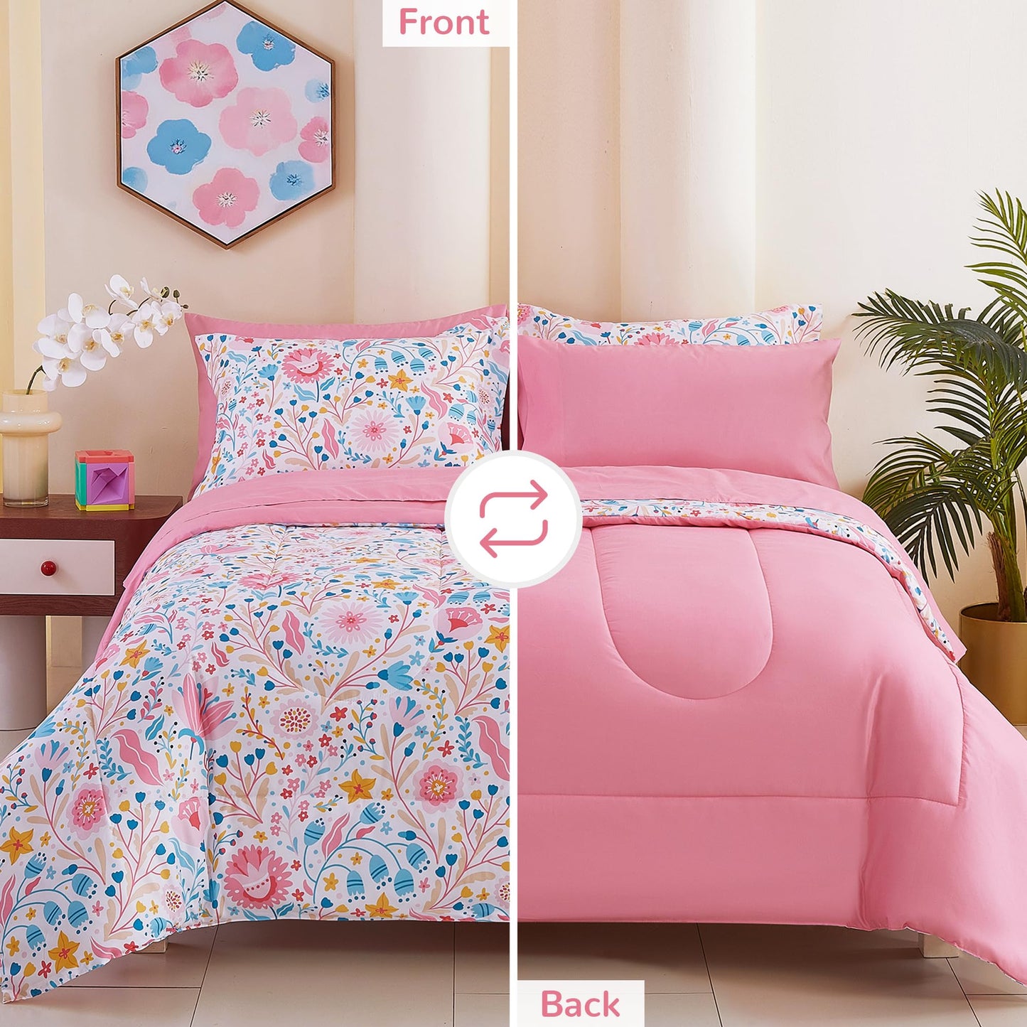 Viviland Kids Twin Bedding Sets for Girls, Soft Twin Comforter Set with Sheets, 5 Pieces Microfiber Bed in a Bag, Colourful Floral