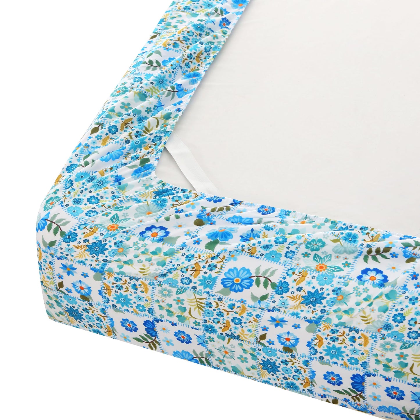 Mooreeke Cozy Pastoral Microfiber Printed Full Sheet Set - Soft & Breathable Blue Green Floral Patchwork Bed Sheets with Extra Deep Pocket - Non-Slip Fitted Design - Floral Patchwork Pattern - Full