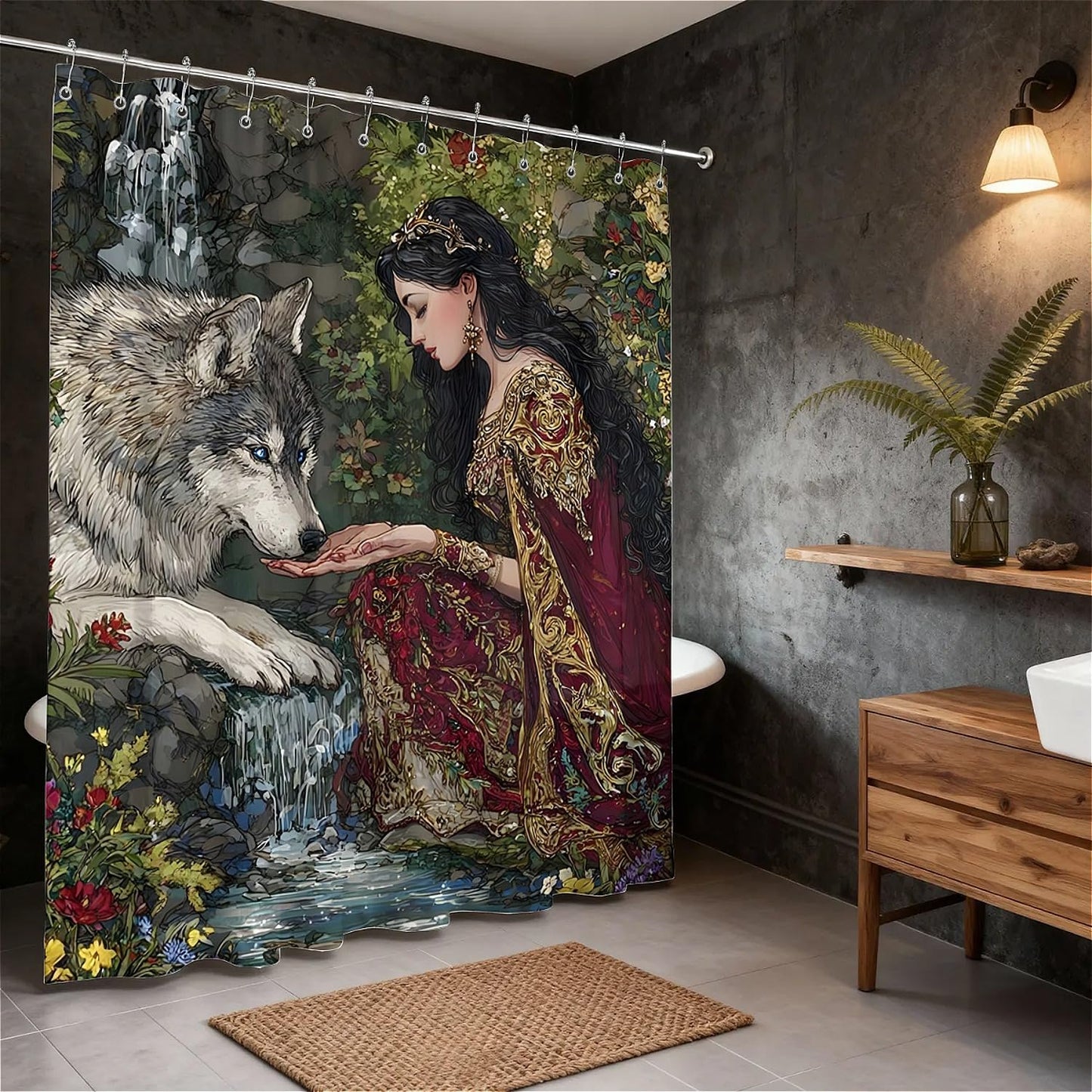 TANGXUNFA Princess and the Wolf Shower Curtain for Bathroom, Water-Resistant Long Shower Curtain Set 72x72 Inch with Metal Grommets and 12 Metal Hooks