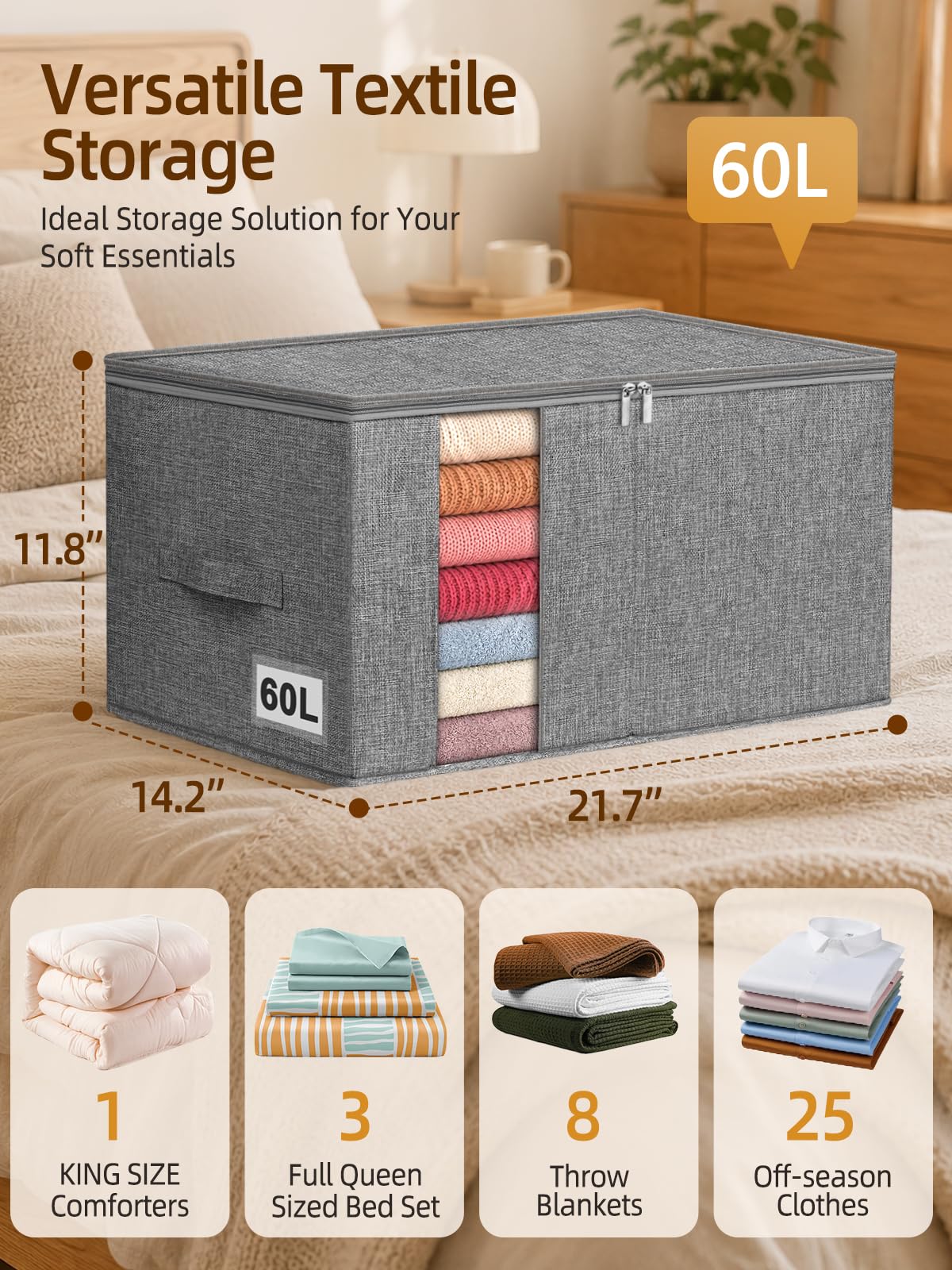 boailydi 60L Blanket/Comforter Storage Bag w/Rigid Side & Bottom Support, Stackable Clothes Storage Bin for Sweaters Bedding Sets Quilts Pillows, Closet Organizer, 21.7x14.2x11.8in, 2 Pack, Gray