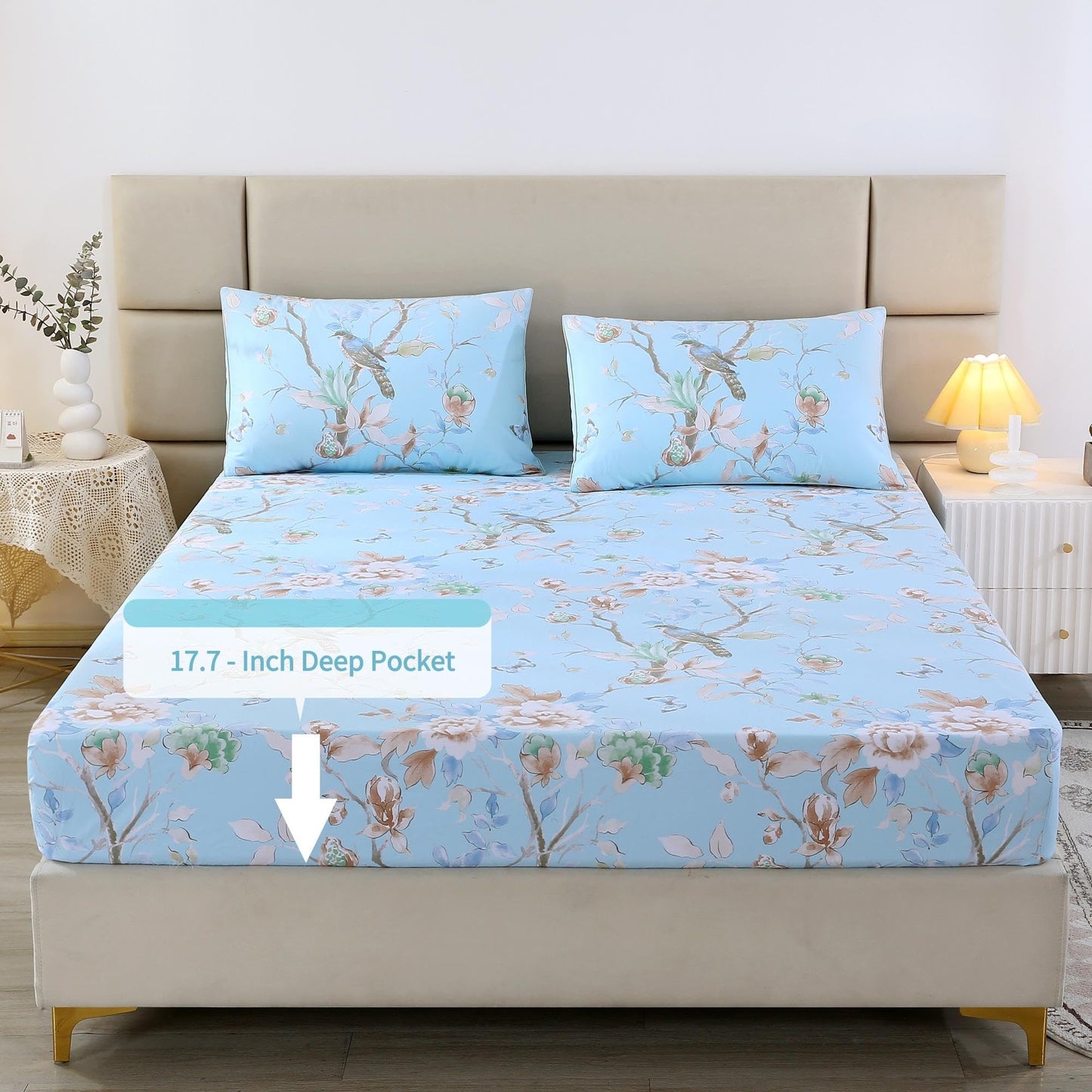 RYNGHIPY Egyptian Cotton Bed Sheet Set Blue Bird Botanical Pattern Bed Sheets Deep Pocket Fitted Sheet Tree Branches Print Bedding Soft Breathable (Light Blue,King Size)