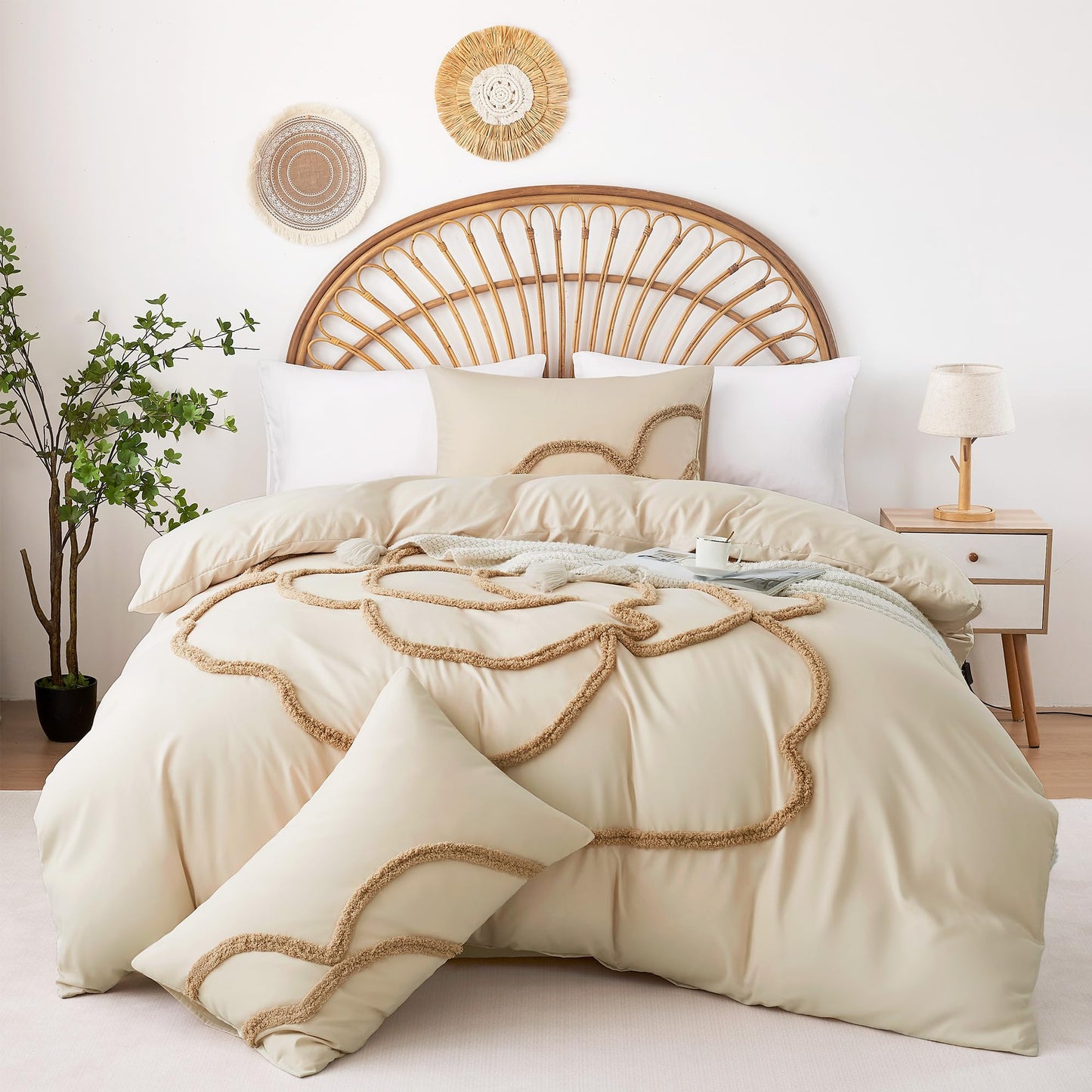 Ubo&Heng'er Duvet Cover Queen Size, 3 Pieces Duvet Covers Set, Boho Tufted Comforter Sets with Zipper Closure, Soft Breathable Floral Bedding Set for All Seasons(Beige, Queen, 90"x90")