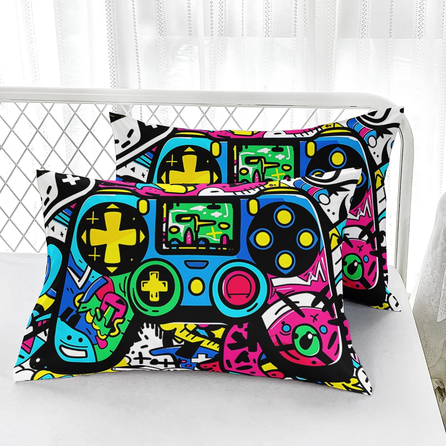AILONEN Gaming Queen Size Fitted Sheet Set - Graffiti Video Game Controller Bedding Set for Boys Girls - Cartoon Funny Gamepad Deep Pocket Sheets with 2 Pillowcases - 3 Pieces