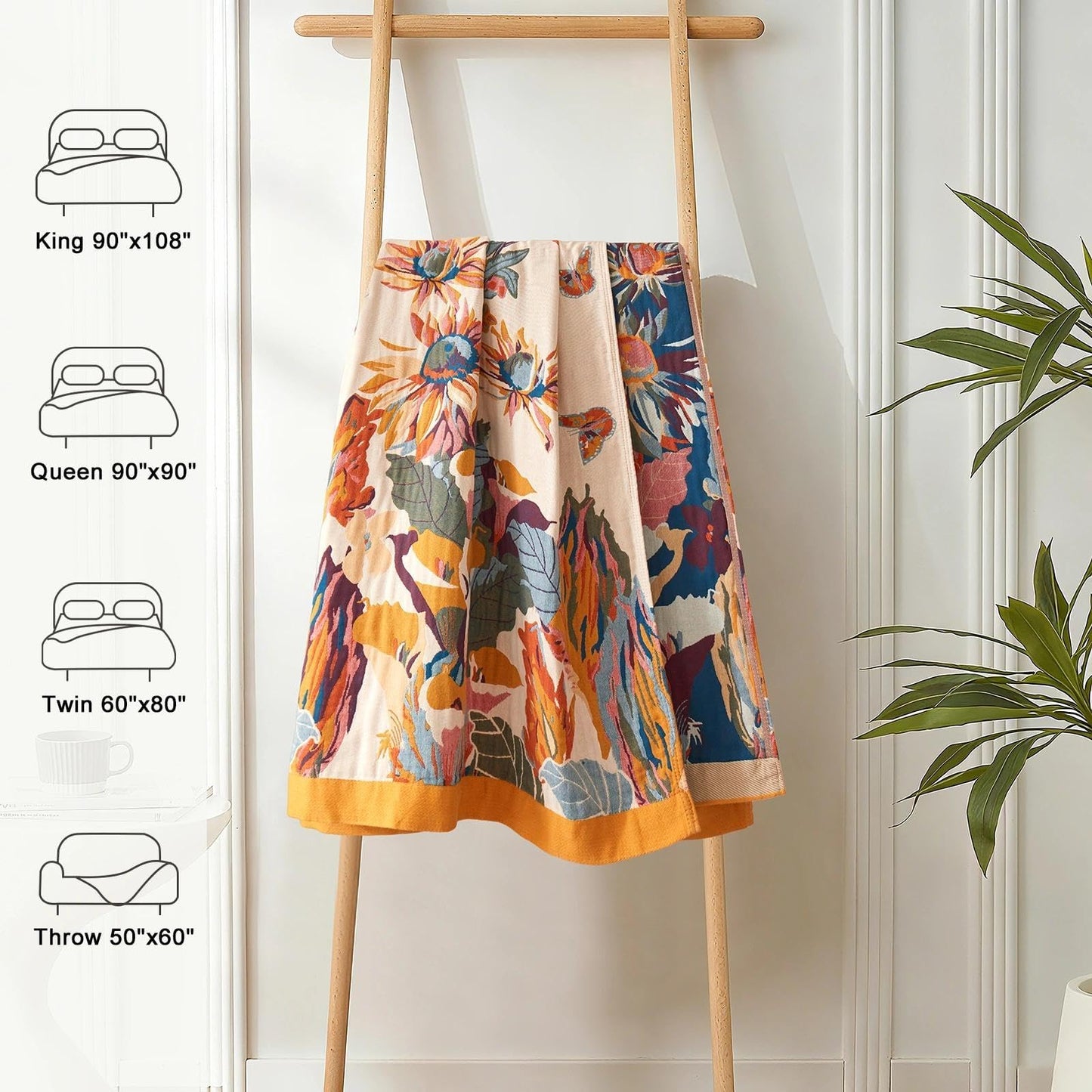 LUTBM Boho Throw Blanket 100% Cotton Soft Bed Throw Twin Lightweight Summer Blanket Floral Bird & Butterfly Room Decor Breathable Bed Blankets,60"x80" All Season Reversible Blankets for Couch Chair