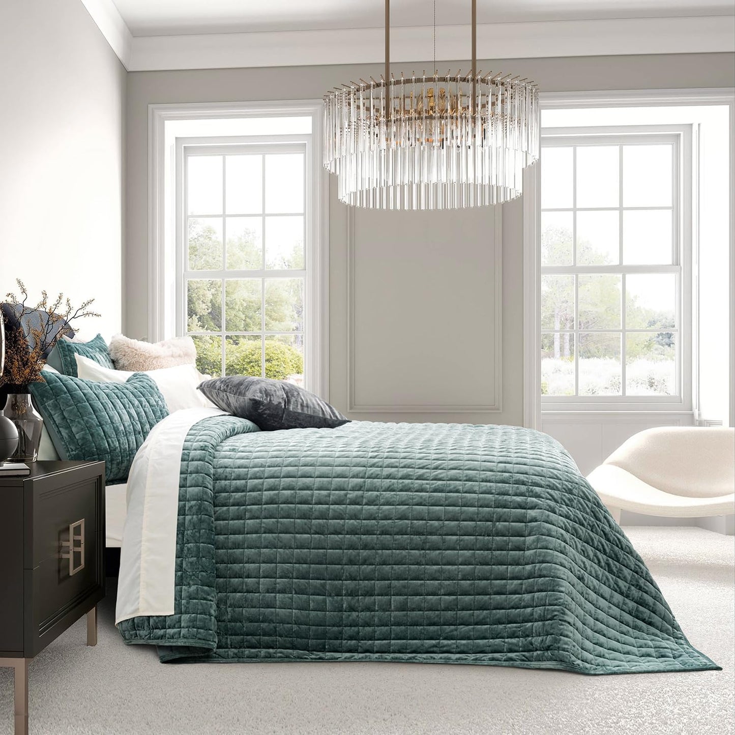 RECYCO Luxury Velvet Quilt Set King Size, Lightweight Velvet Comforter Set, Oversized Bedspread Coverlet Quilted Bedding Set, with 2 Matching Pillow Shams, for All Season, Aqua Green