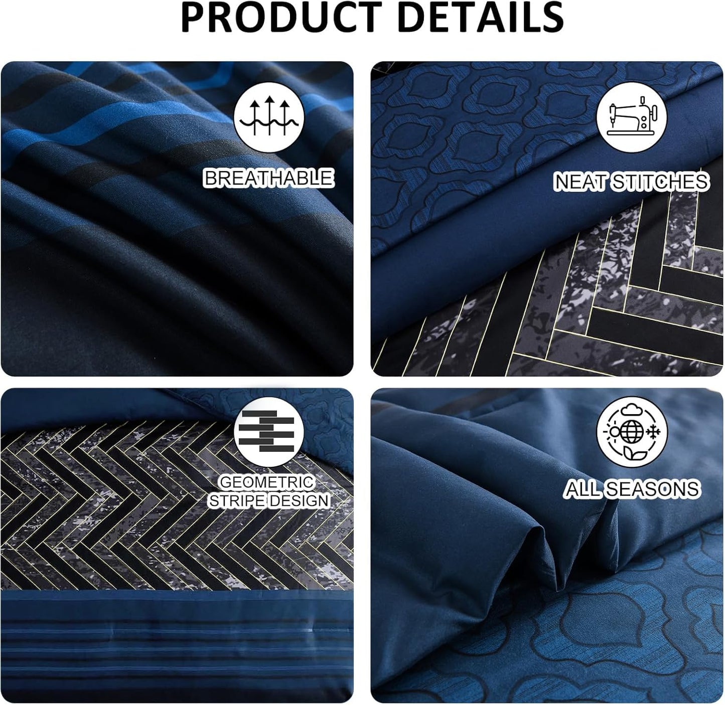 Luxudecor Navy Blue Comforter Set King Size, 7 Pieces Stripe Geometric Bed in a Bag, Soft Microfiber Navy Comforter and Sheet Set Complete Bedding Sets for All Seasons 104"×90"