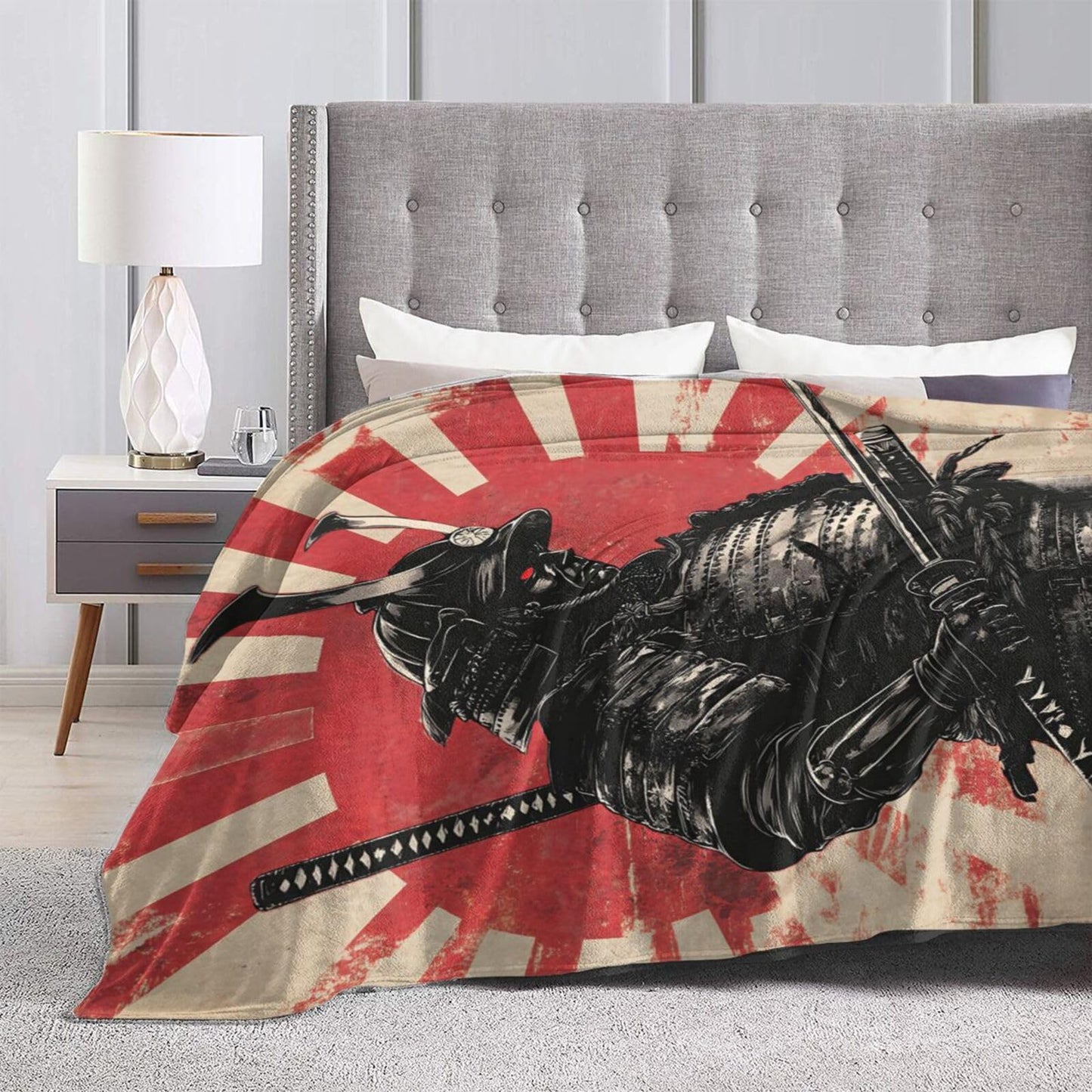 Japanese Samurai Throw Blanket Asian Warrior Flannel Blankets Japan Bushido Fuzzy Plush Super Soft Cozy Warm Decor Gifts for Boys Girls Kids Adults Men Women 40" x 50"